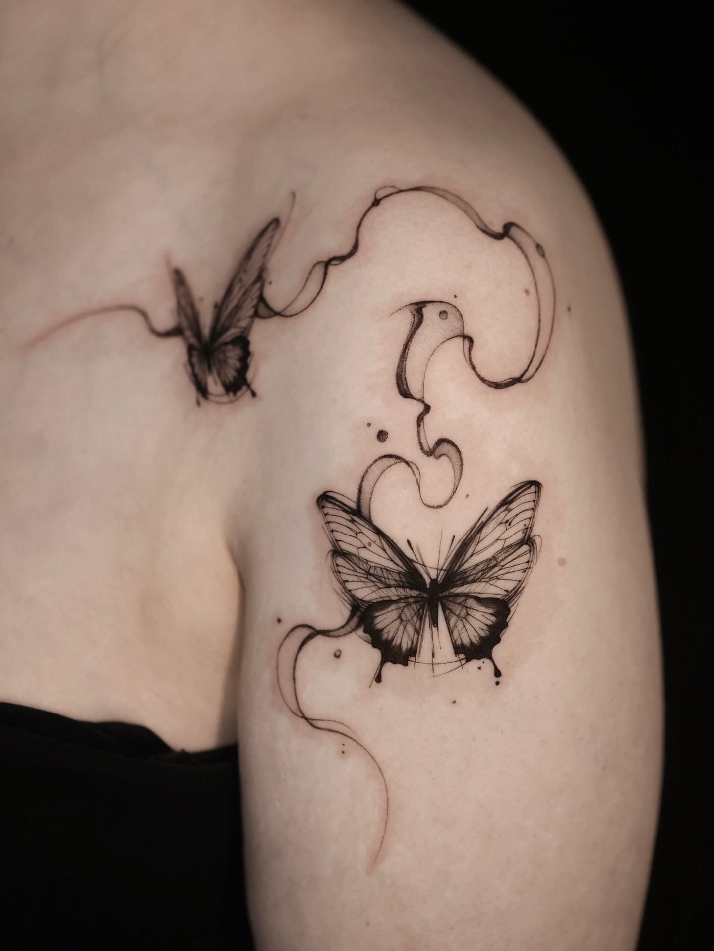 Butterfly black and grey tattoo on the shoulder by @tattoo_chamsae