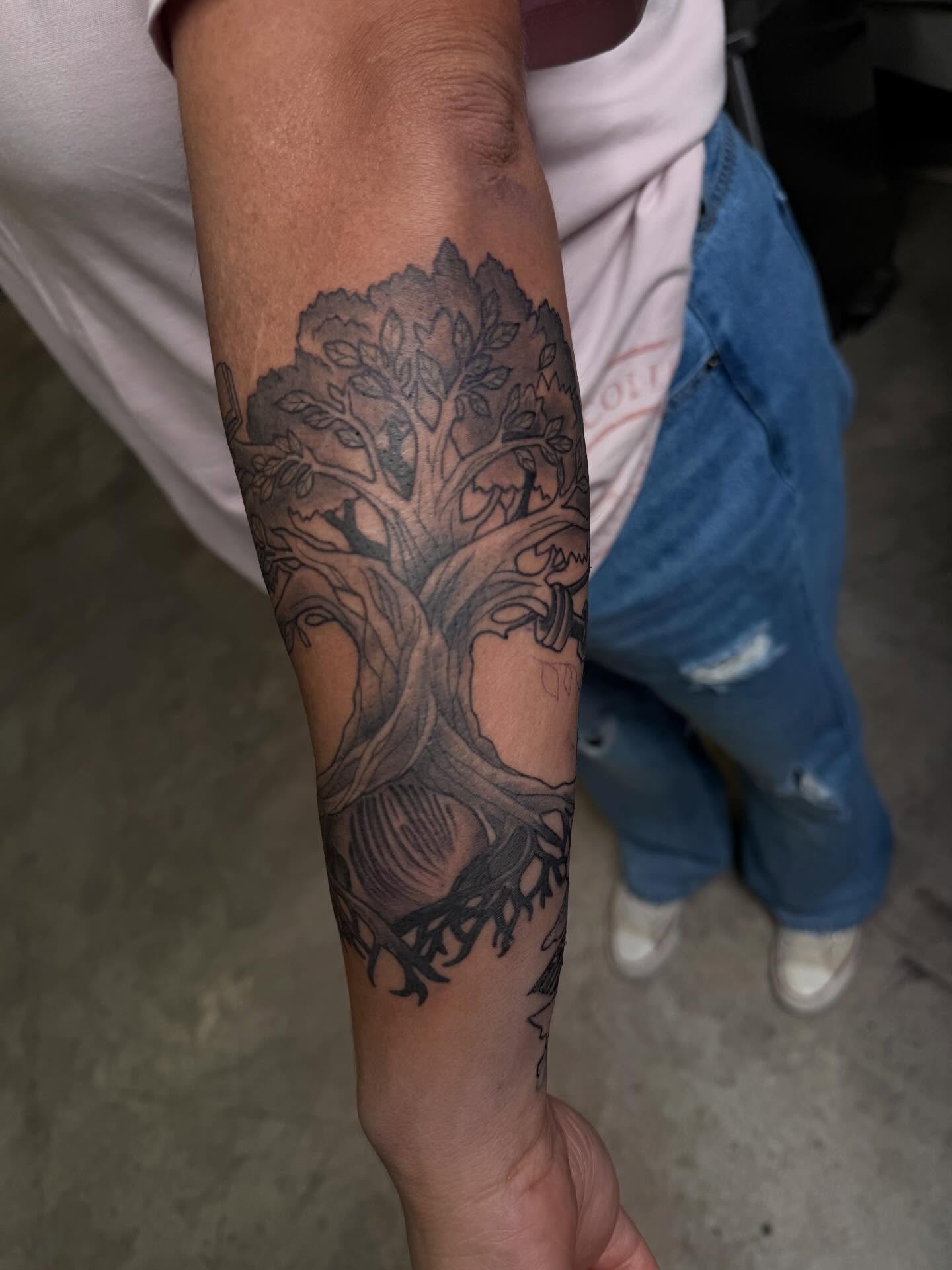 Tree of life black and grey tattoo on the forearm by H.G