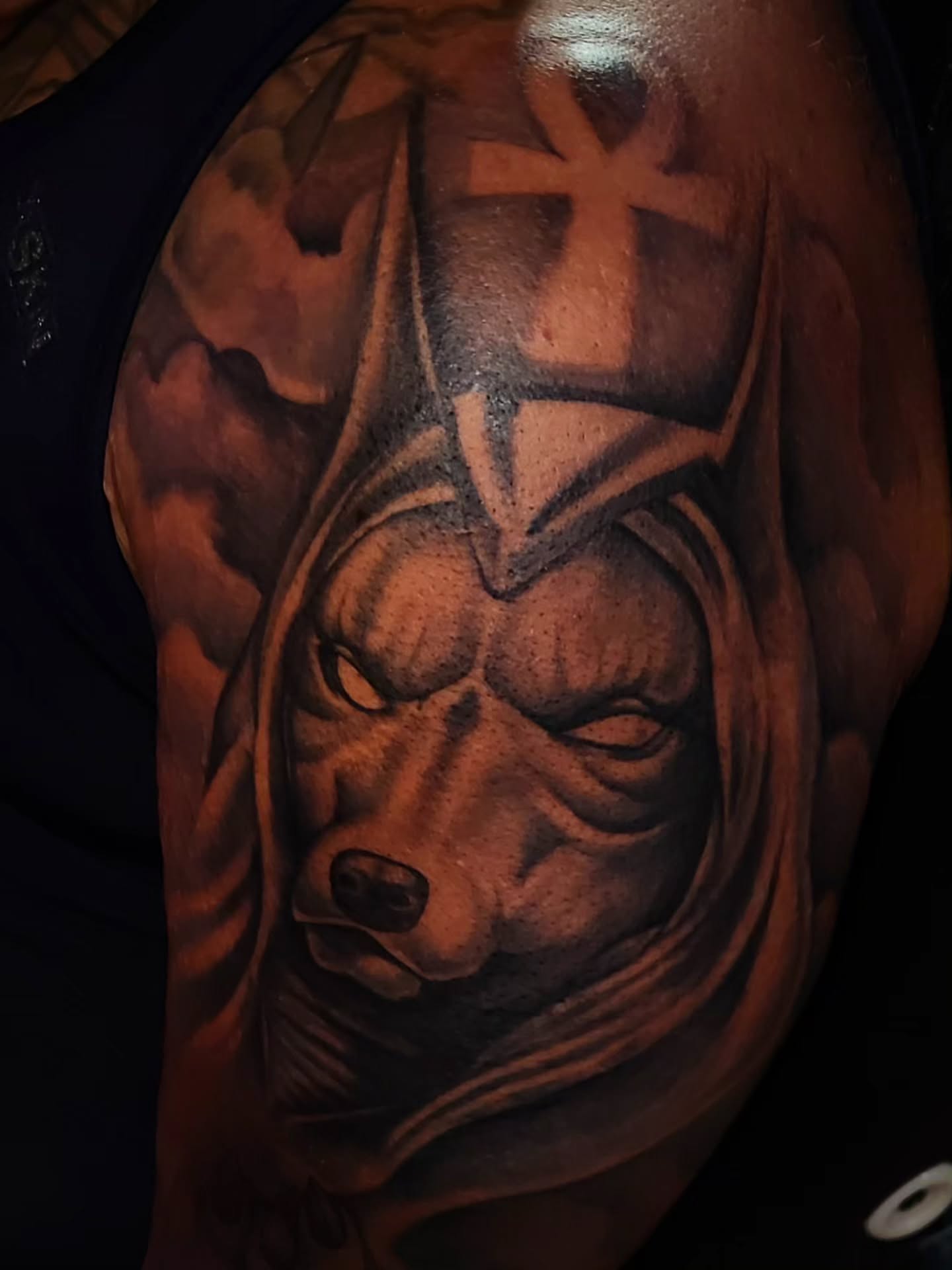 Dog realism tattoo on the shoulder by 🗣 No Minors🔞‼️‼️‼️