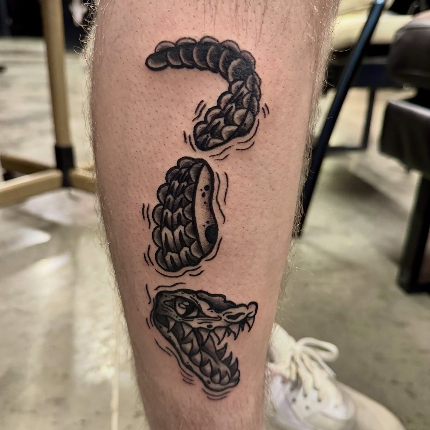 Snake black and grey tattoo on the forearm by Seth Christianson