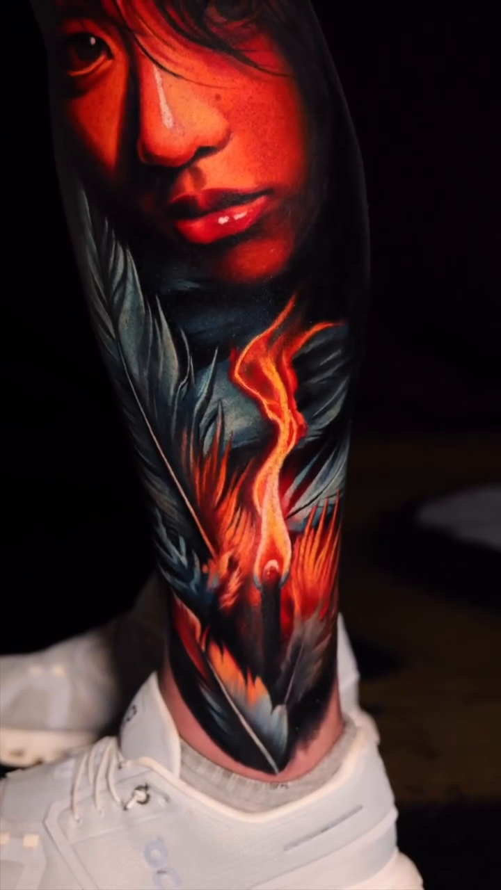 Woman and oni mask with flames japanese irezumi tattoo by Maryssa Anne
