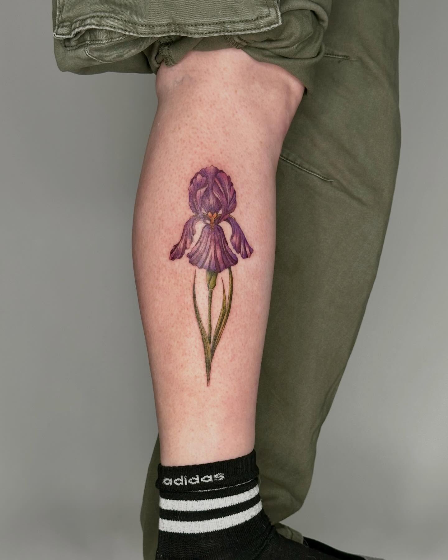 Iris realism tattoo on the calf by 🌼Kristen Kooster Tattoos🌼