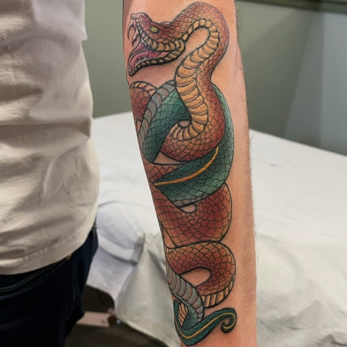 Snake realism tattoo on the forearm by Miles Maniaci, Chicago, Illinois