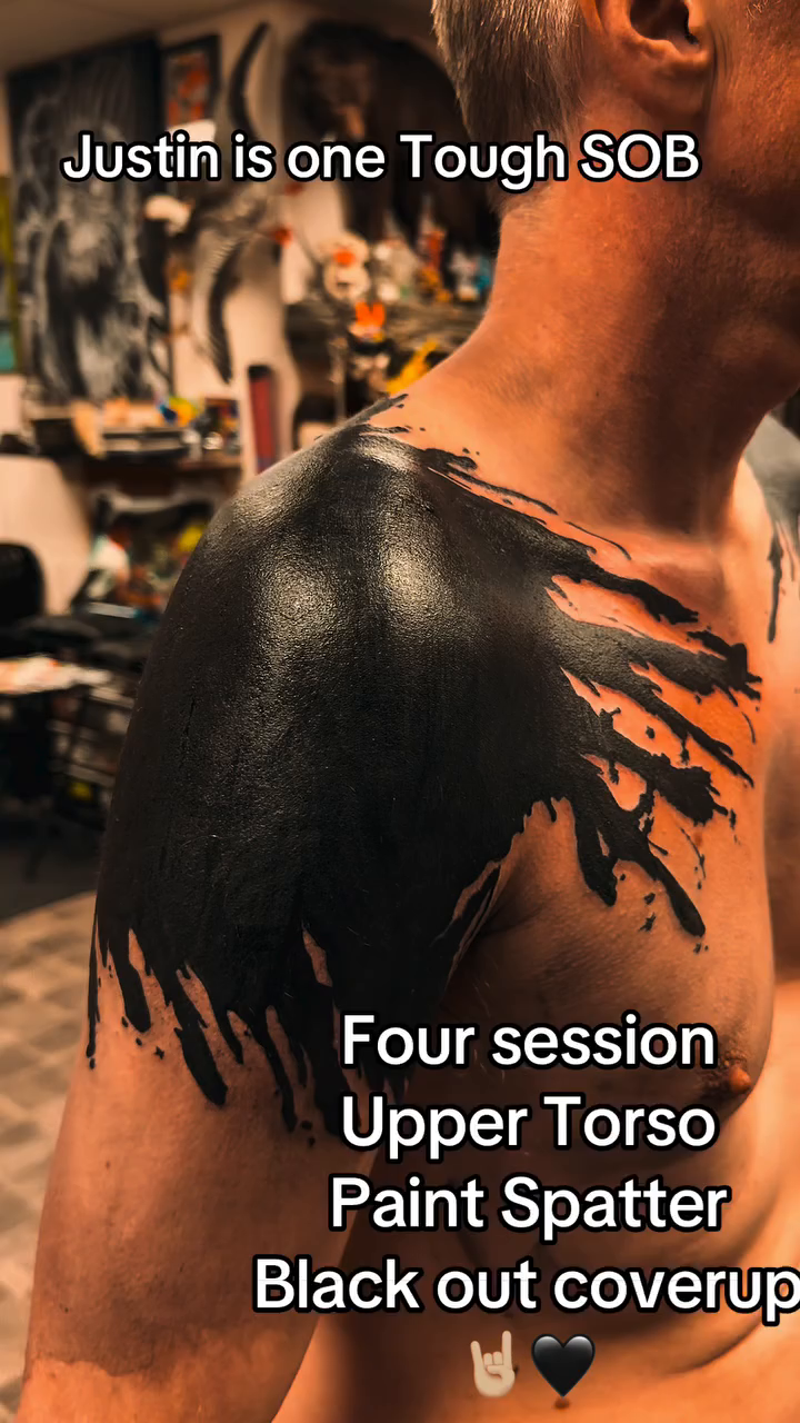 Paint splatter cover-up blackwork tattoo by Don Peddicord