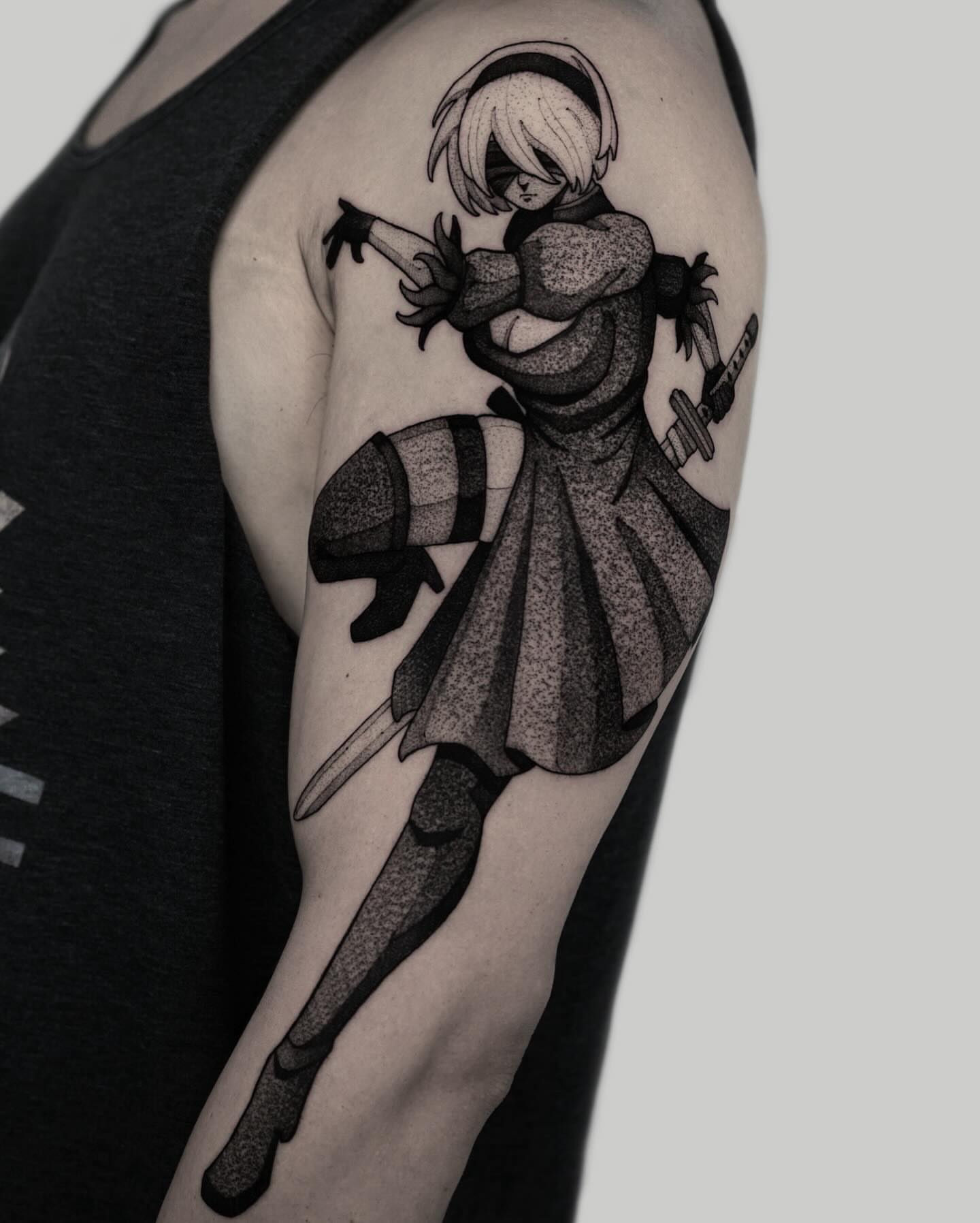 Anime character dotwork tattoo on the forearm by Max LaCroix