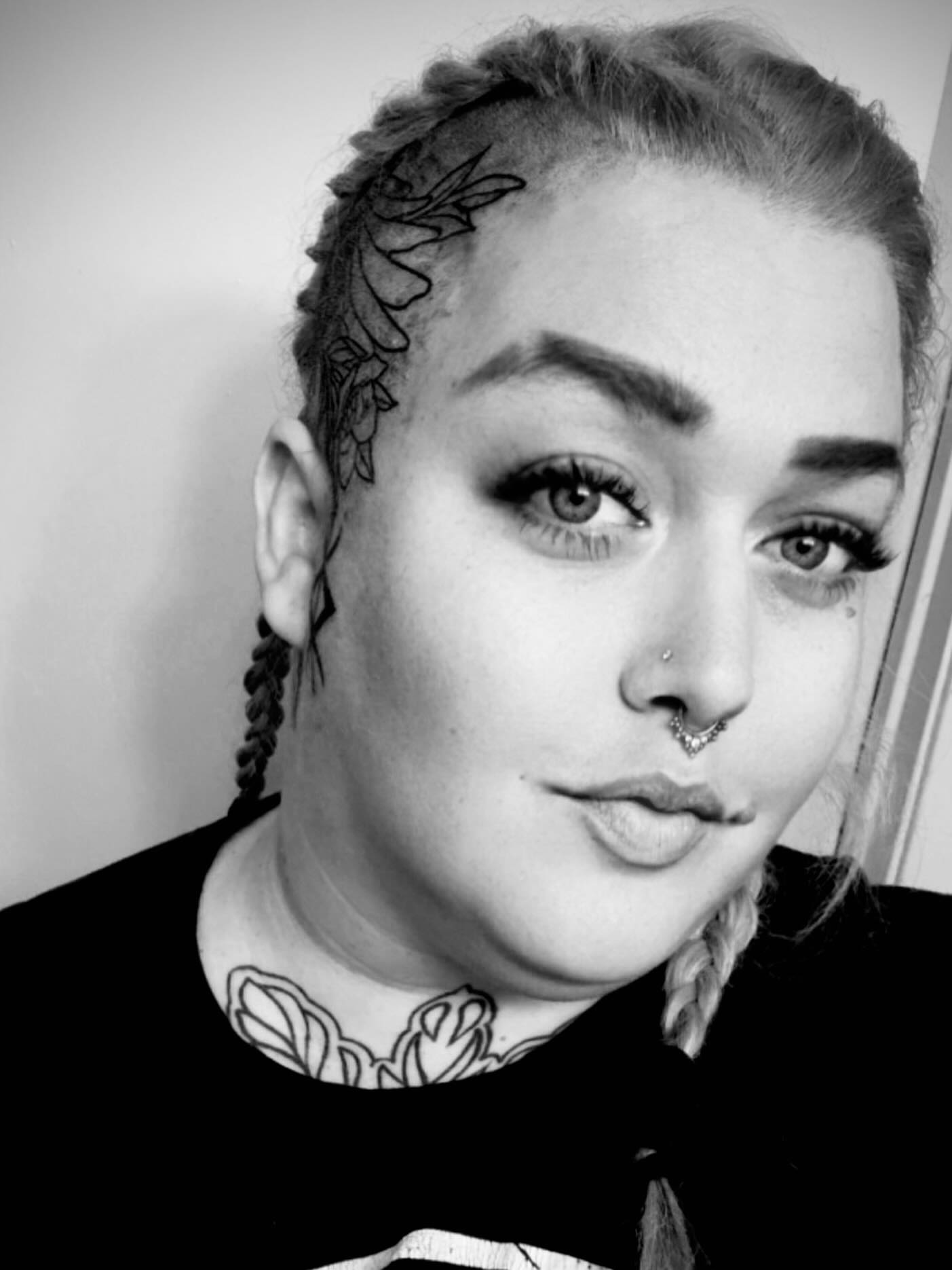 Floral black and grey tattoo on the head by Katelyn Arnold