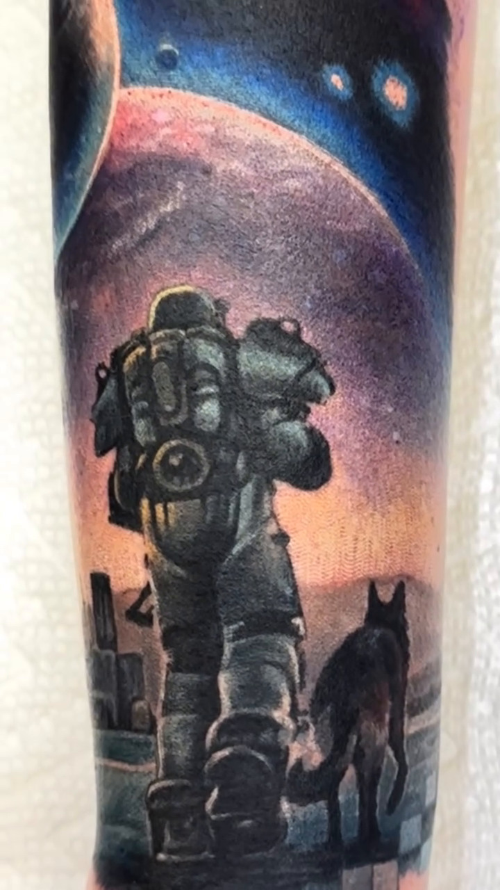 Astronaut and dog in space realism tattoo by Tony Johnson - Tattoo Artist, Huntsville, Alabama