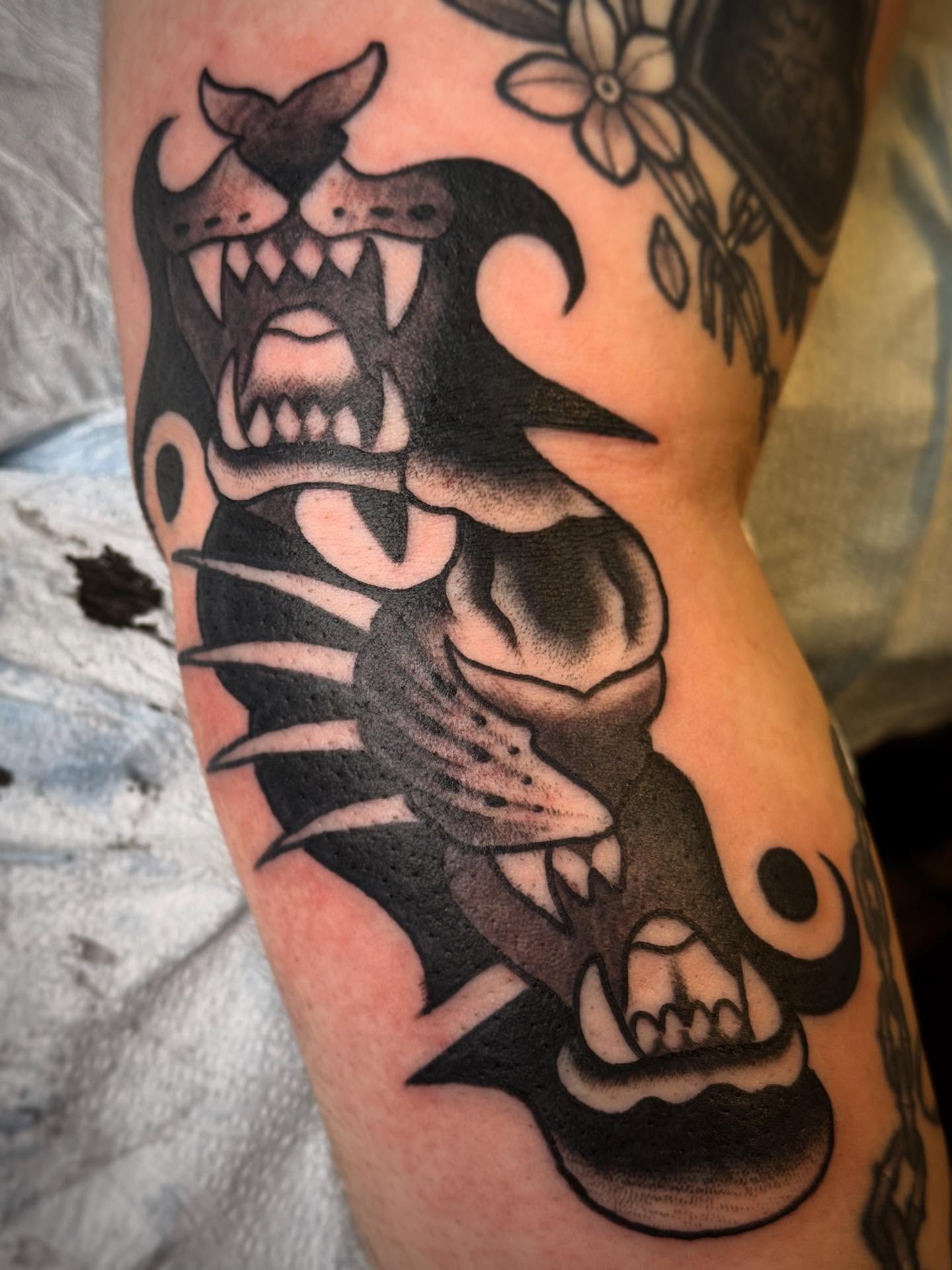 Angry dog American traditional tattoo on the forearm by 🕸curtis Fink🕸