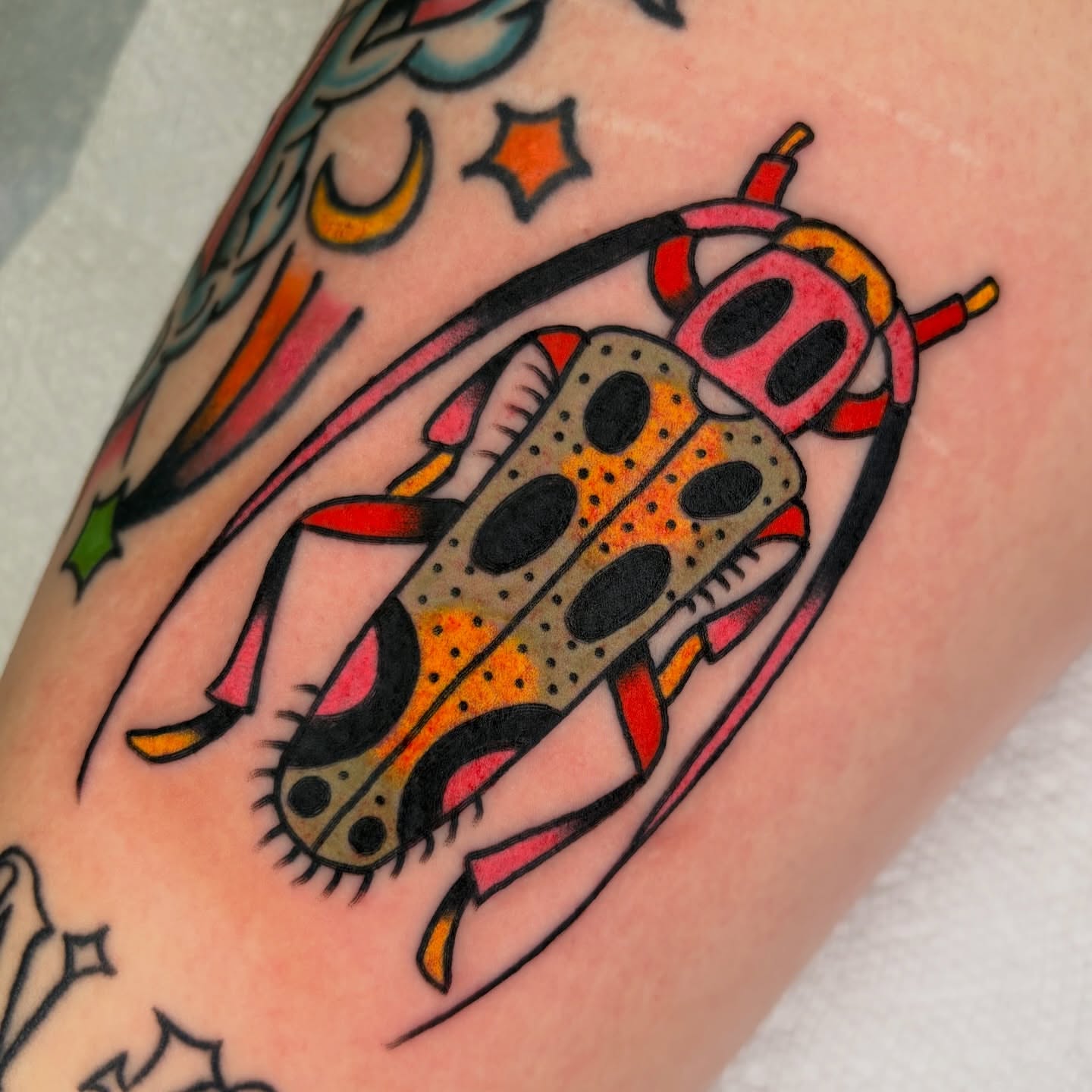 Beetle American traditional tattoo on the forearm by rachael