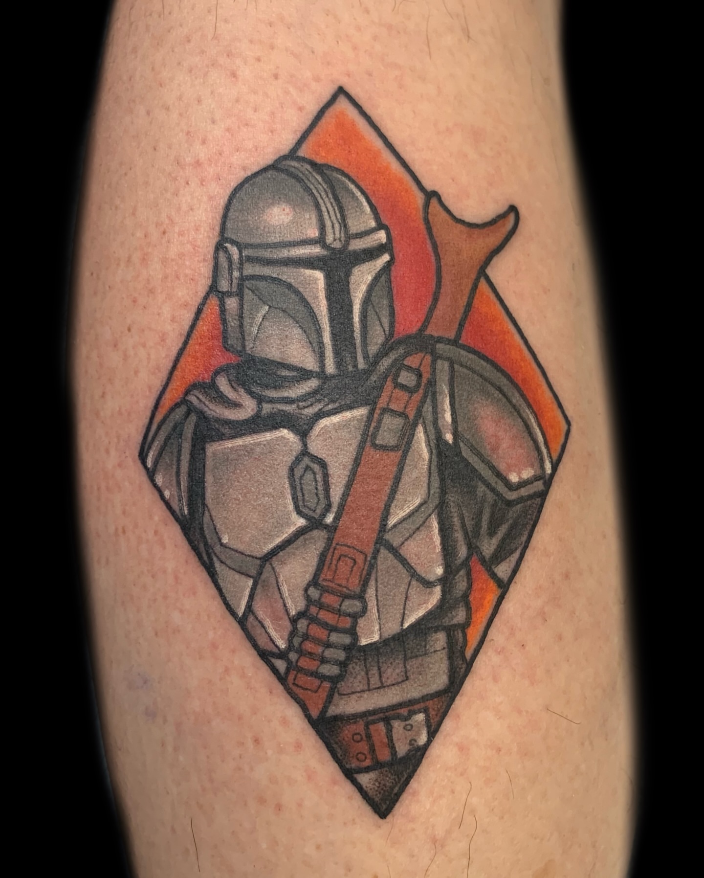 Mandalorian helmet geometric tattoo on the forearm by Nick Bones, Las Vegas, Nevada