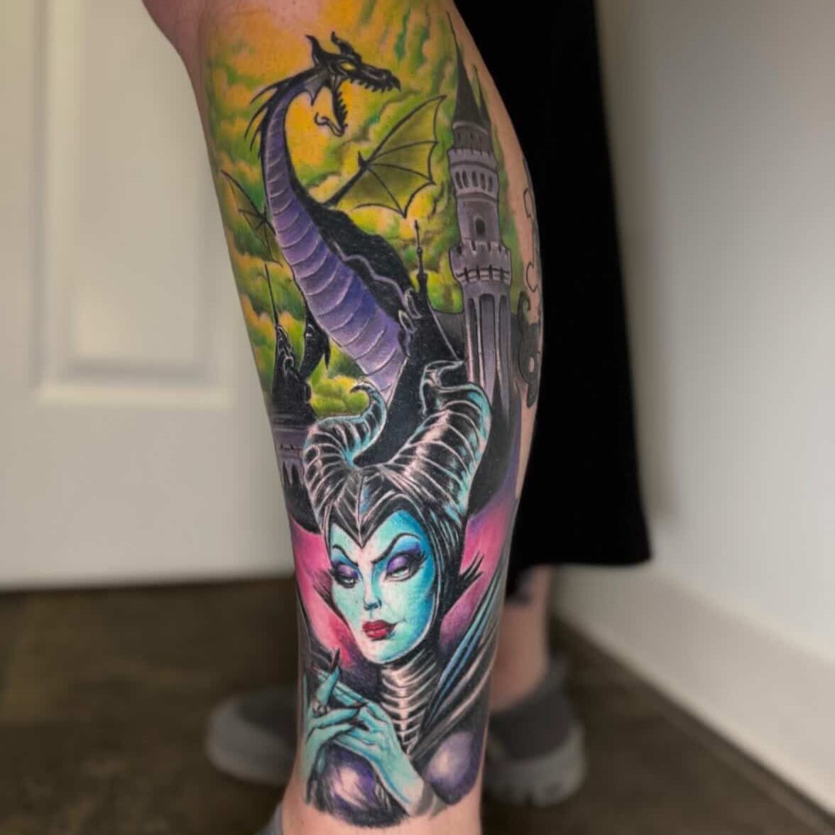Maleficent illustrative tattoo on the forearm by Vega