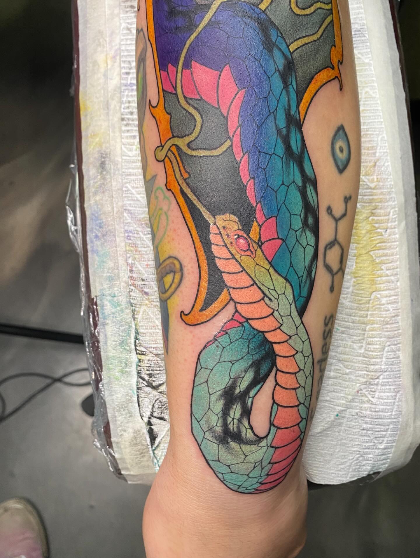 Snake new school tattoo on the forearm by Kyle Kozek, Columbus, Ohio