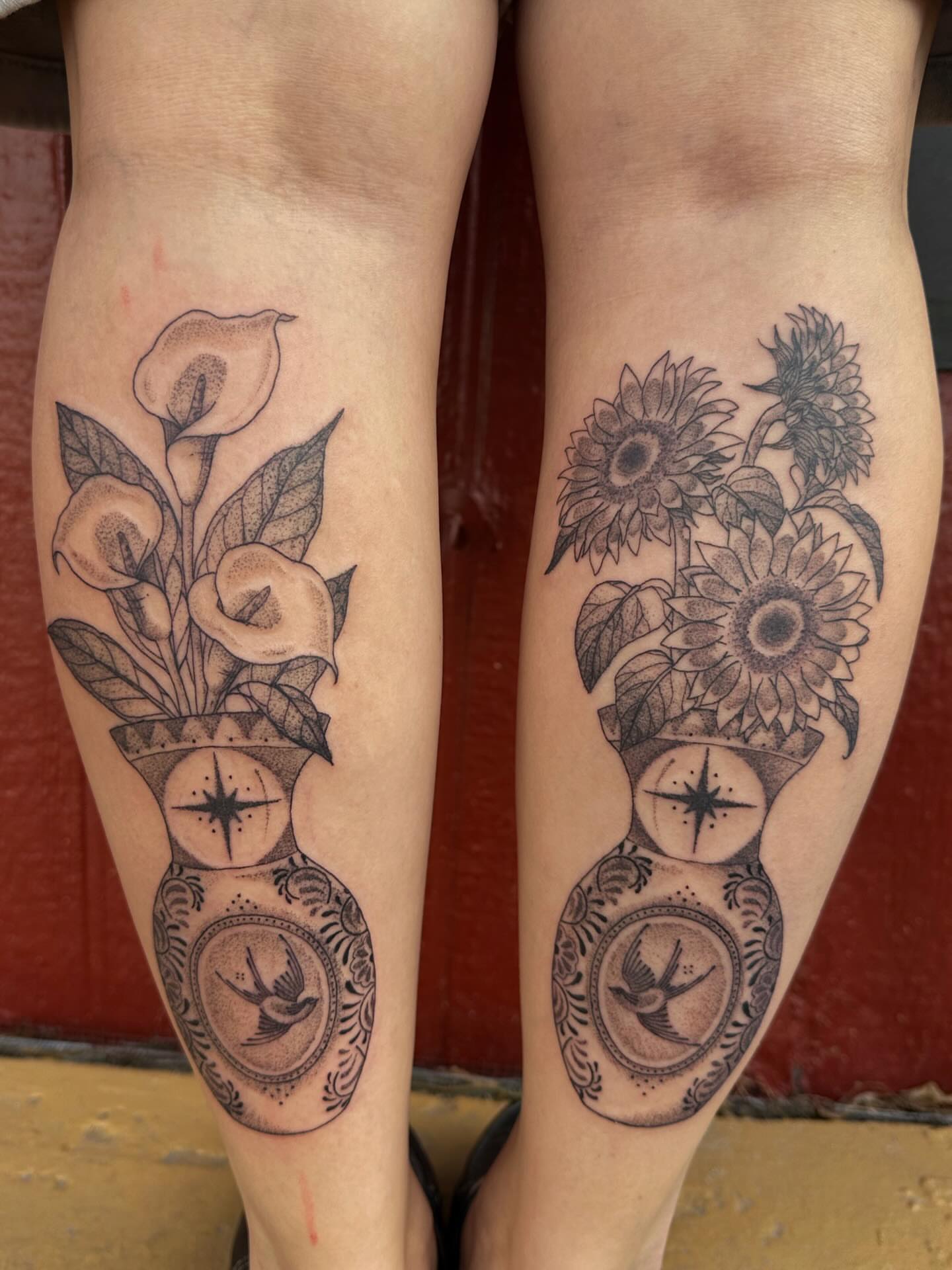 Calla lilies and sunflowers black and grey tattoo on the calf by J Valentin