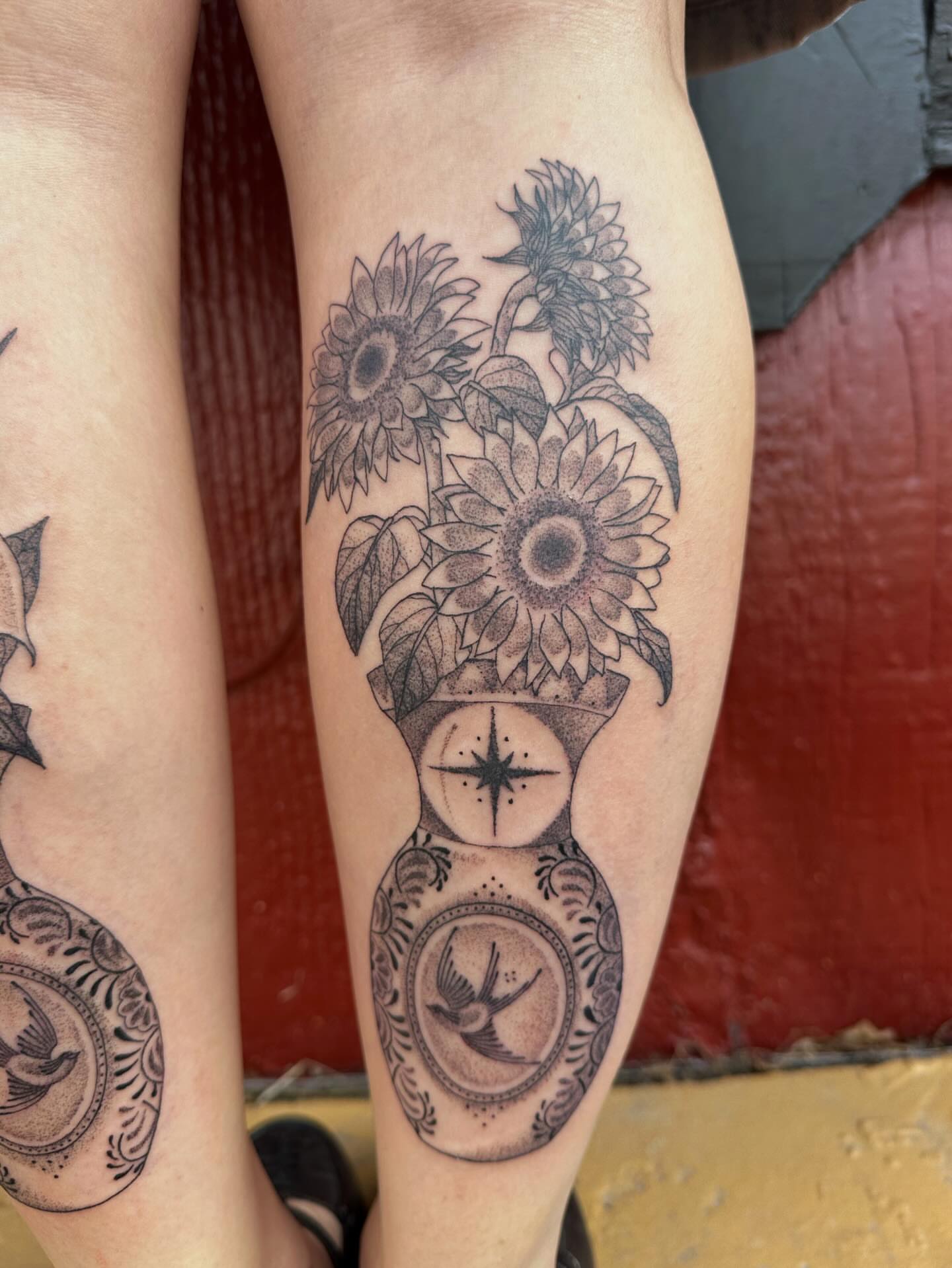 Sunflowers in vase dotwork tattoo on the calf by J Valentin