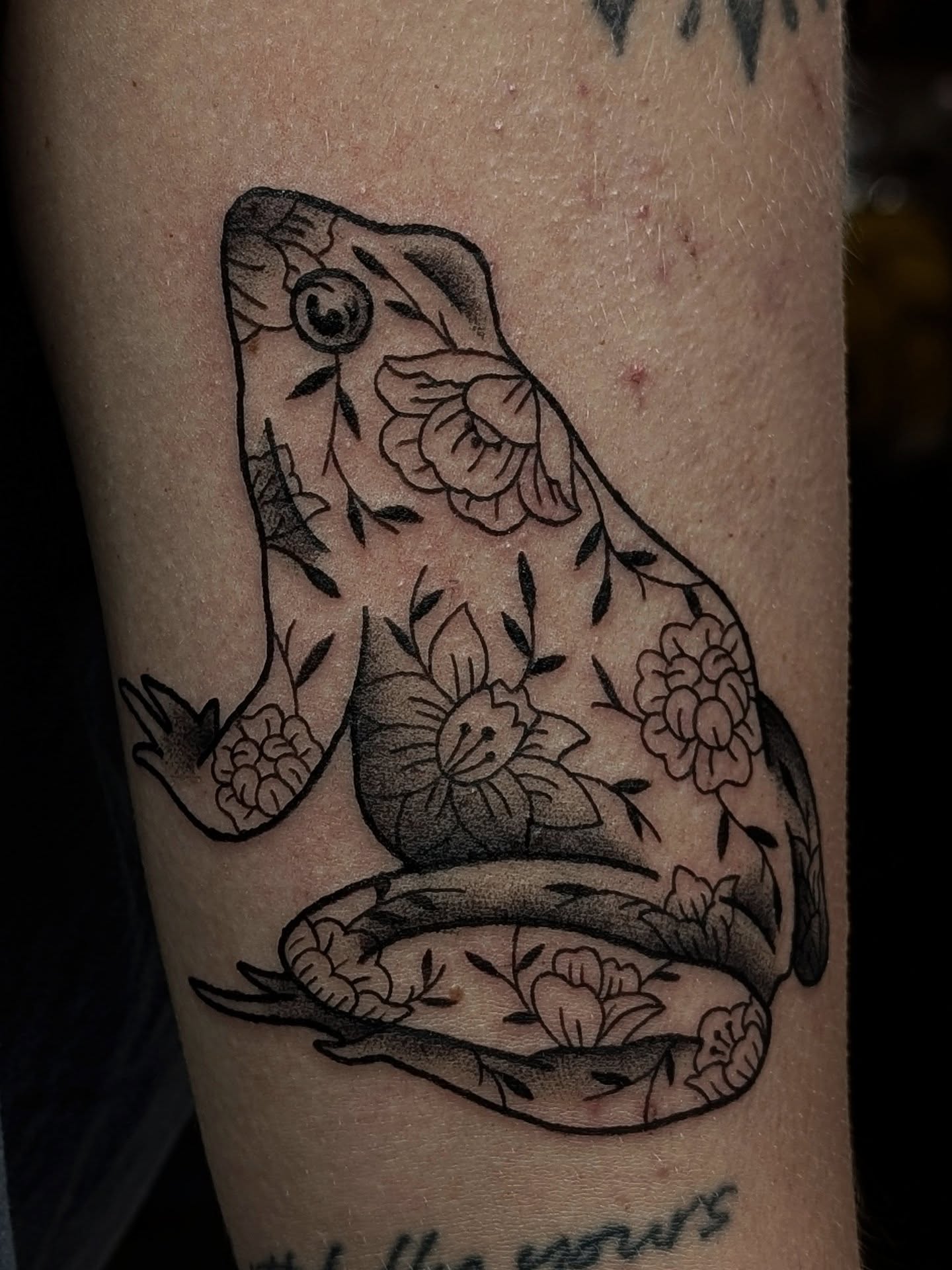 Frog black and grey tattoo on the forearm by ᴇʟɪsᴇ