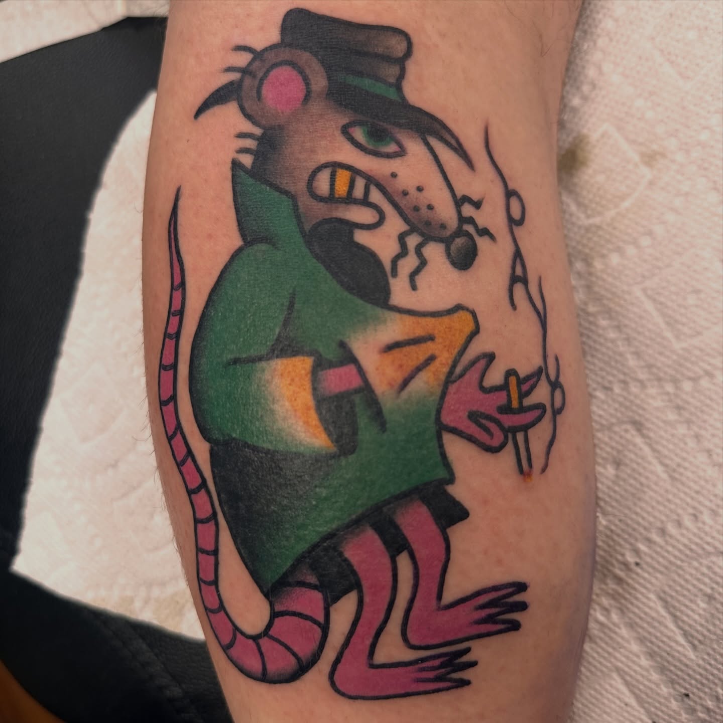 Rat character American traditional tattoo on the forearm by Kyle Simmons