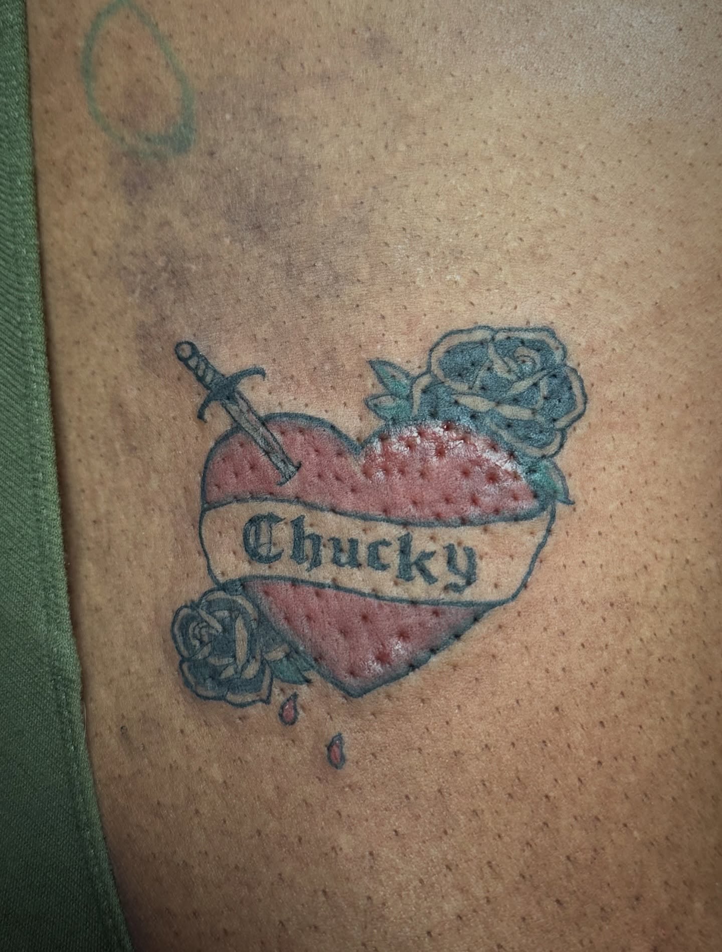 Heart with dagger and roses American traditional tattoo on the thigh by π·πππ, Cleveland, Ohio