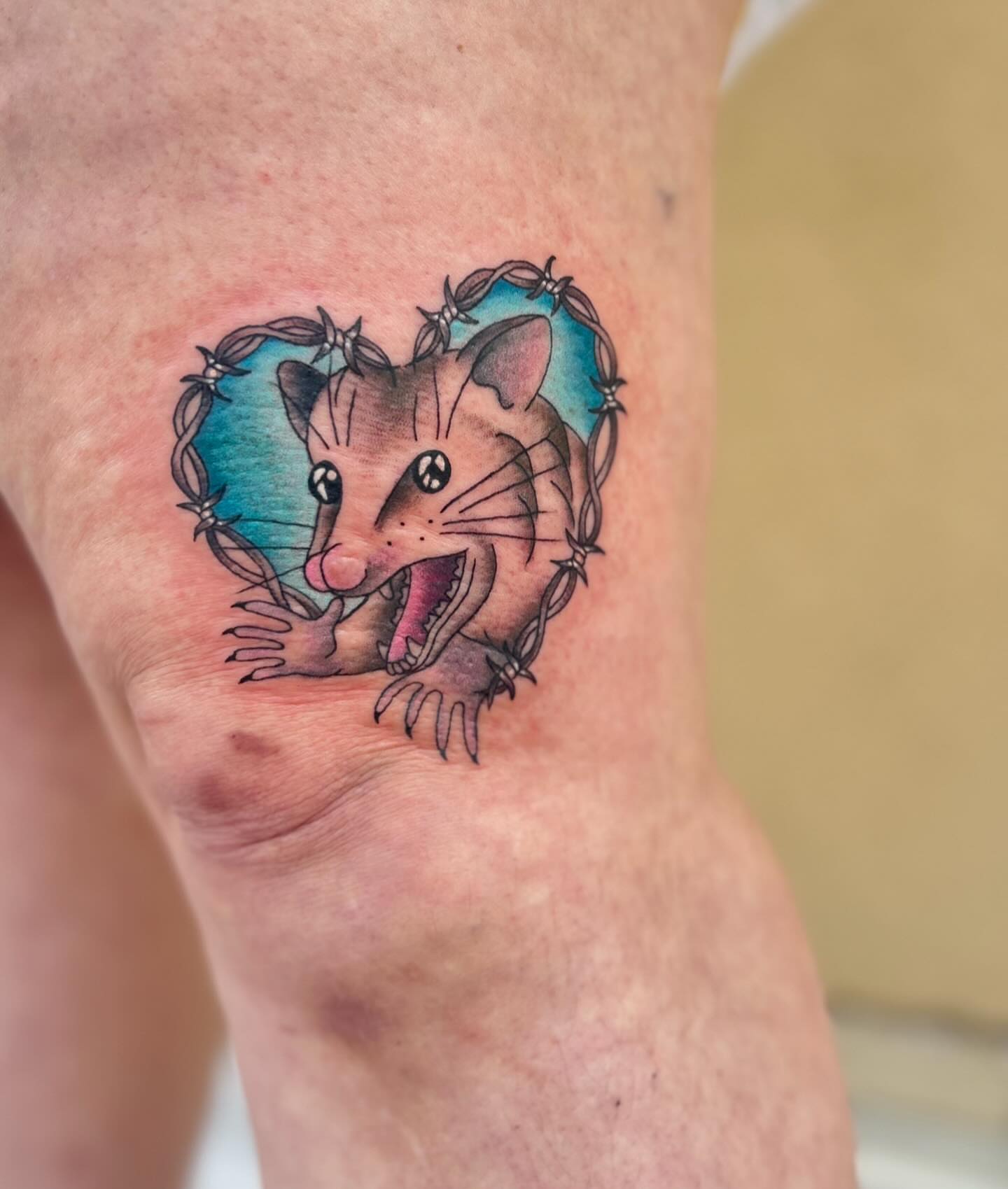 Possum in heart American traditional tattoo on the thigh by ๐ Michelle ๐