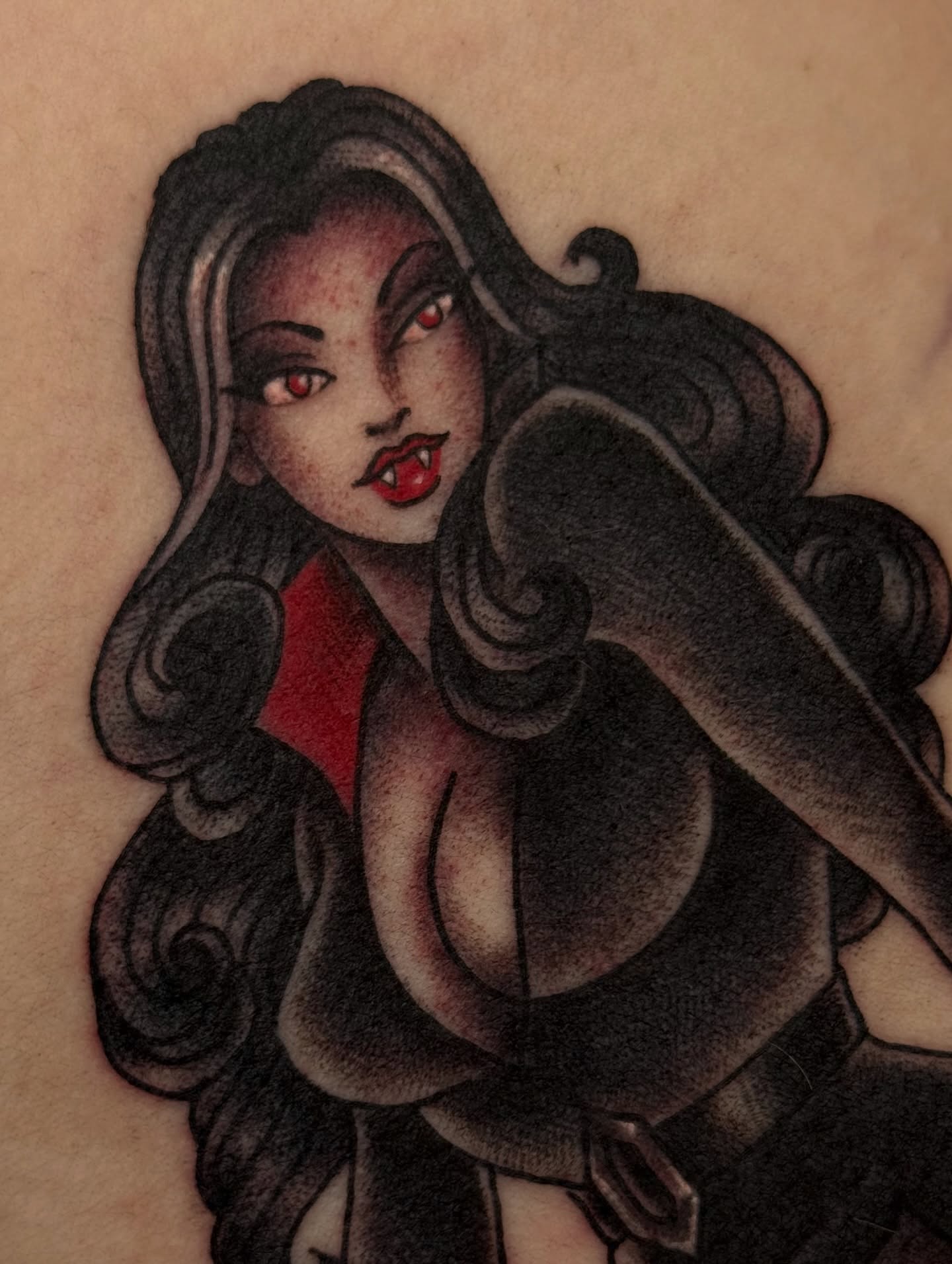 Vampire woman dark realism tattoo on the chest by Anna Wall