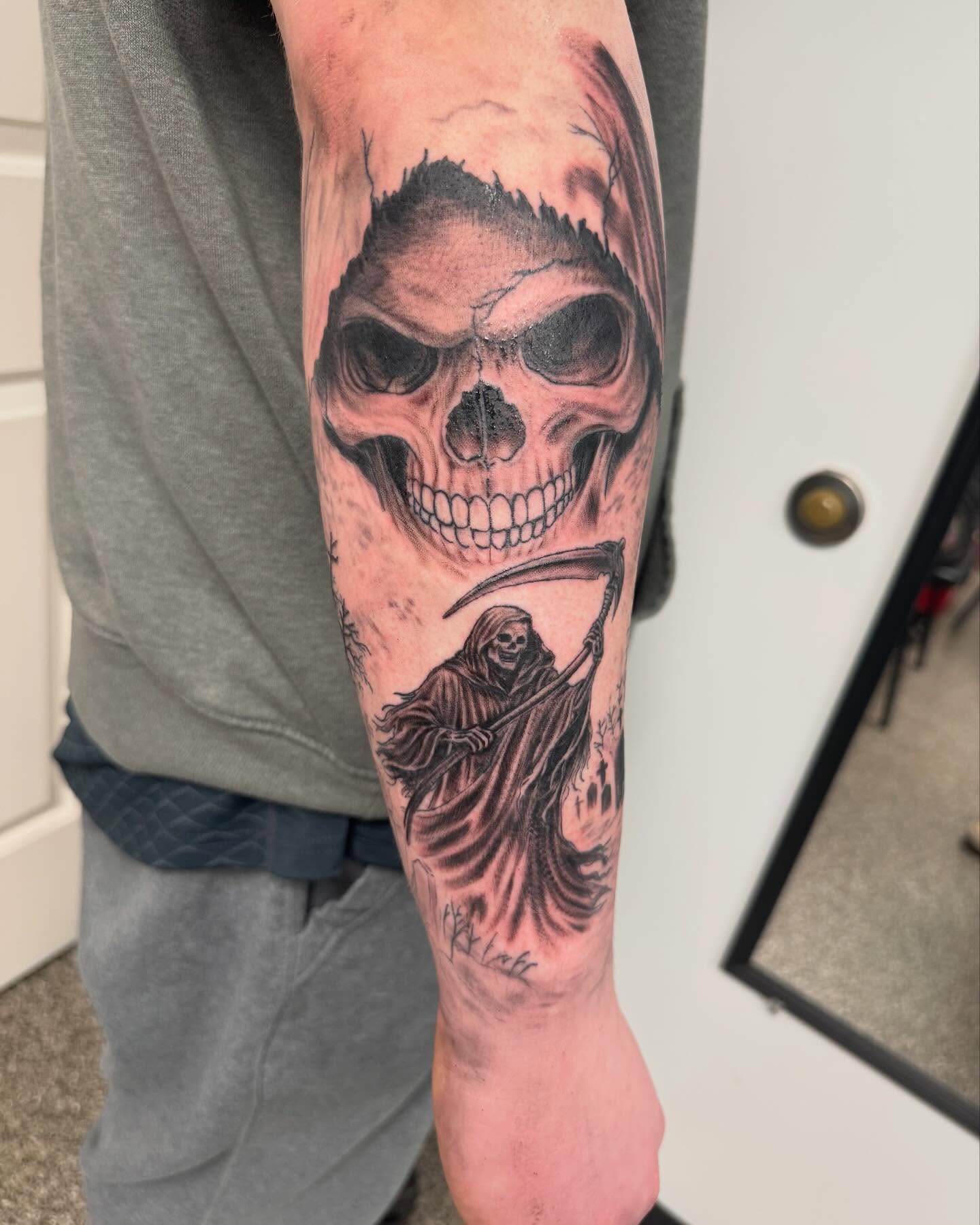 Grim reaper realism tattoo on the forearm by Brazun Locker Poloschan
