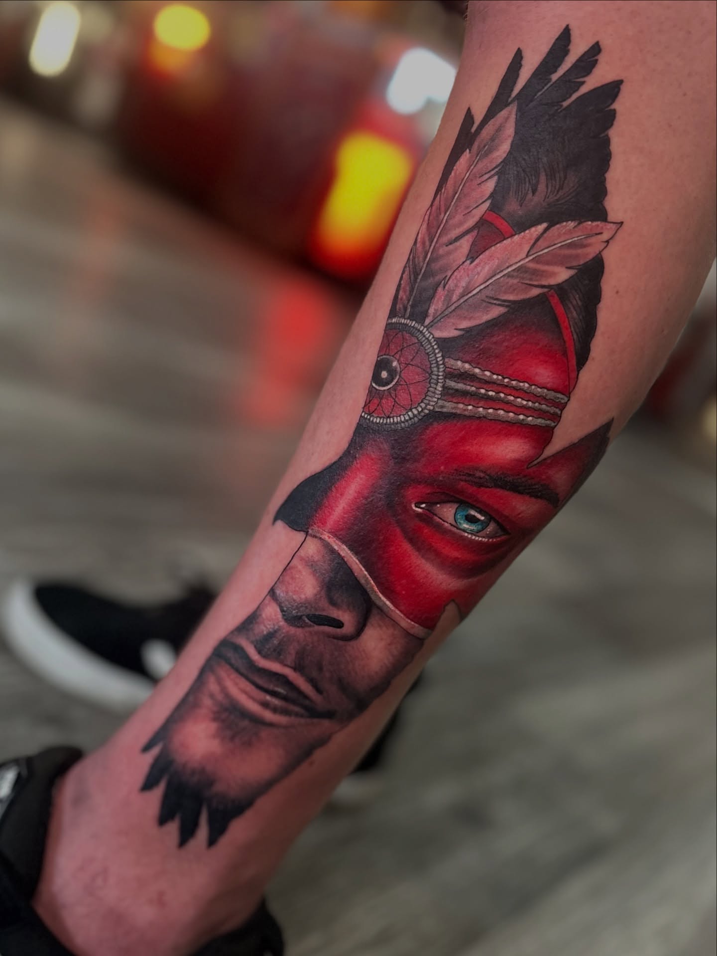 Indian chief realism tattoo on the forearm by Skoty Fox
