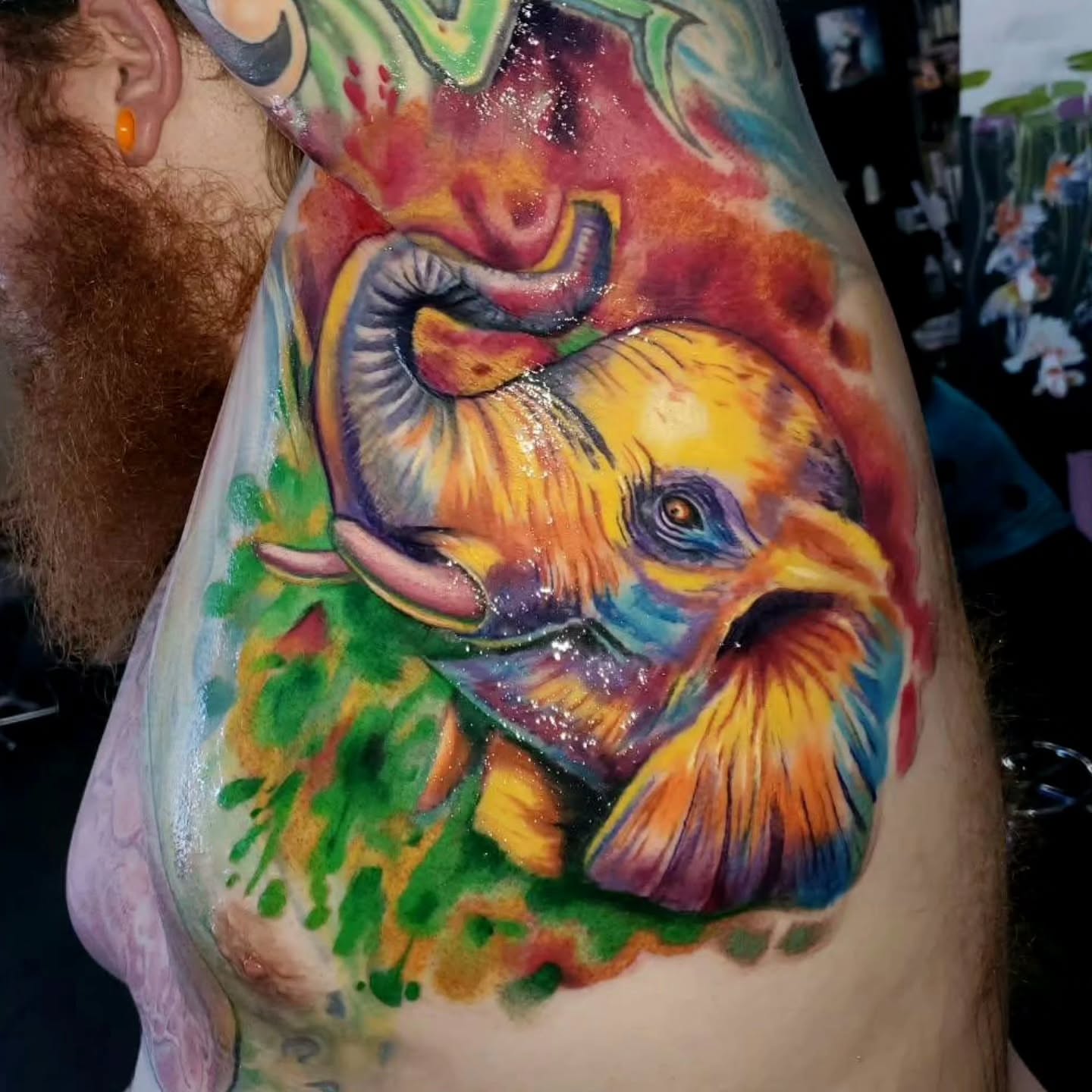 Elephant watercolor tattoo on the thigh by Drew Siciliano, Glendale, Arizona