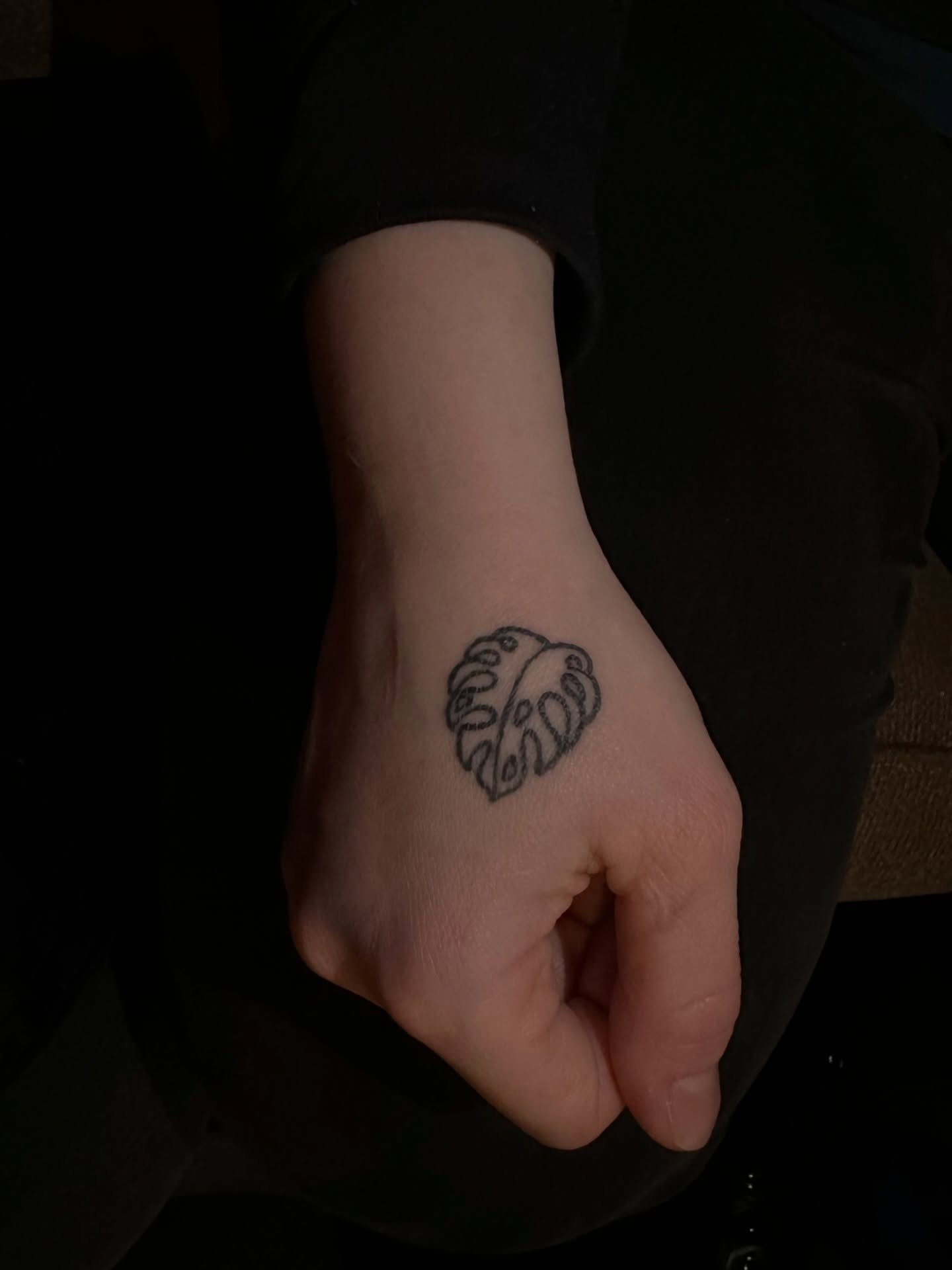 Monstera leaf black and grey tattoo on the hand by π·πππ, Cleveland, Ohio