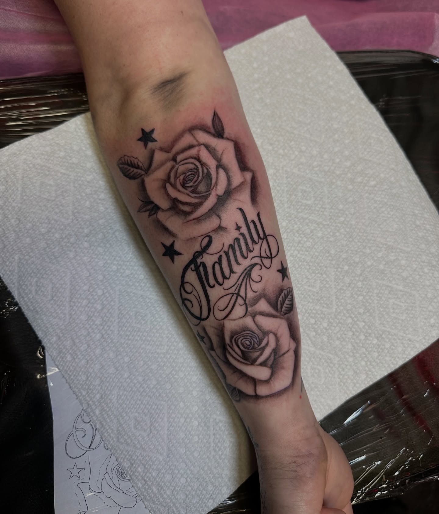Rose and script black and grey tattoo on the forearm by π·πππ, Cleveland, Ohio