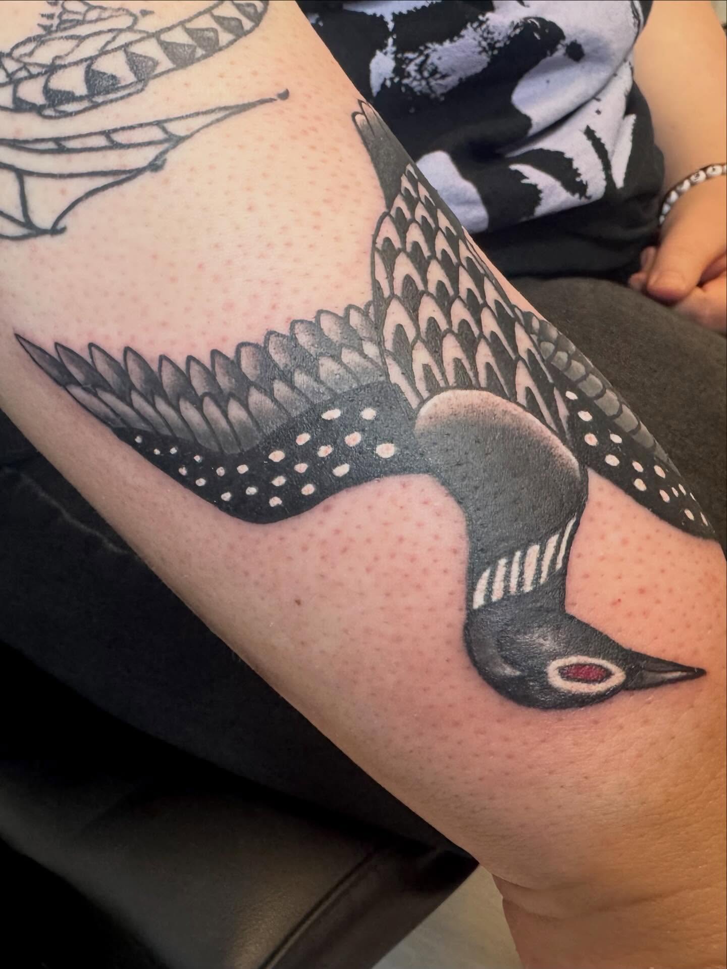 Woodpecker dotwork tattoo on the forearm by Gigi