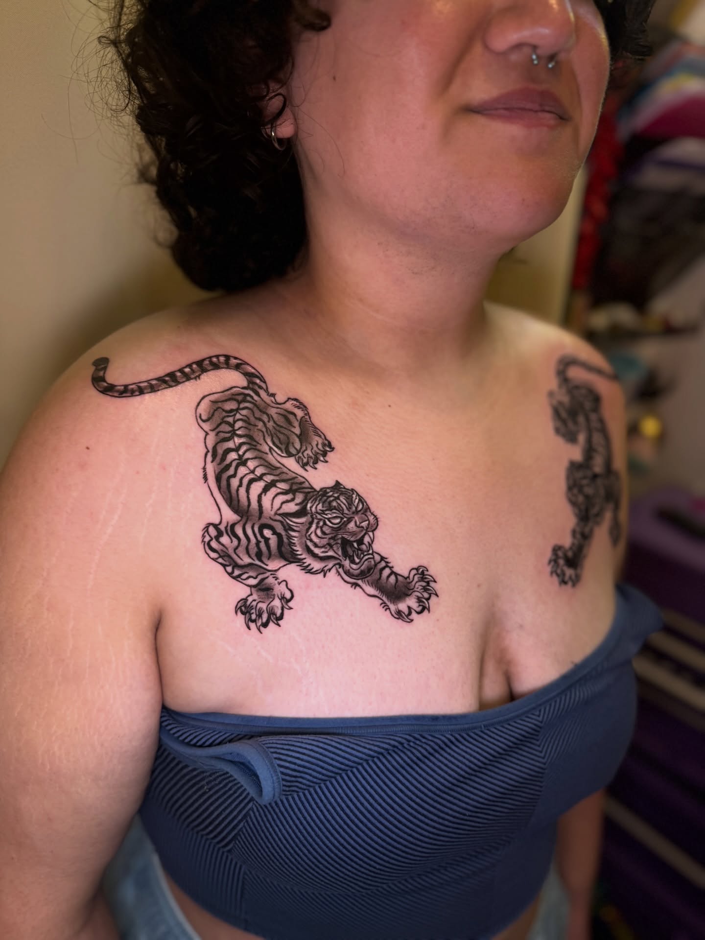 Tiger black and grey tattoo on the chest by ❈°binx°❈