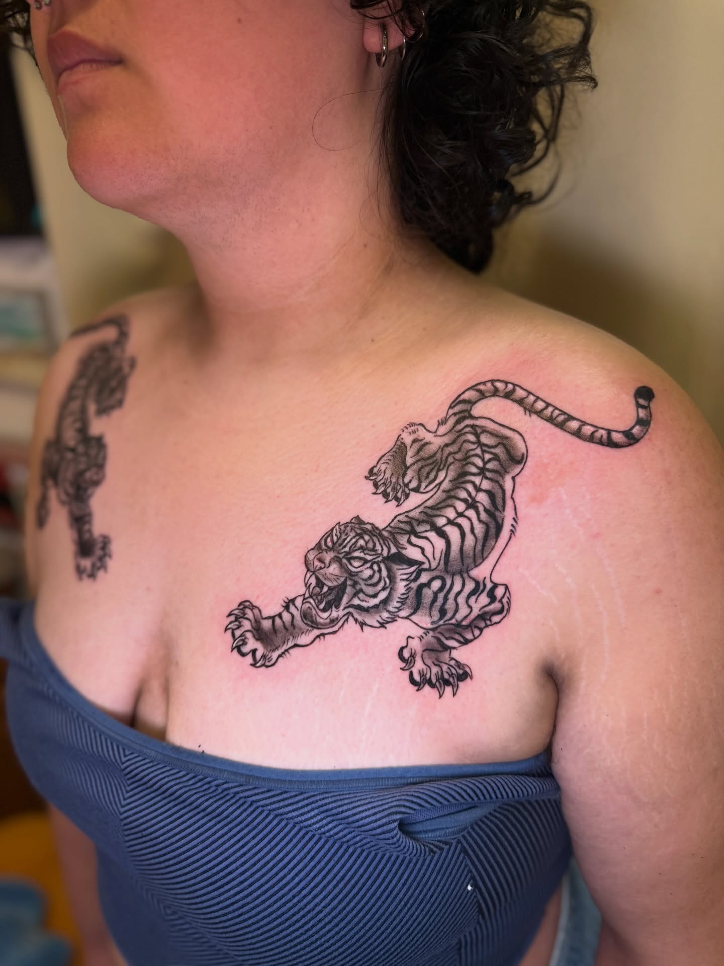 Tiger black and grey tattoo on the chest by ❈°binx°❈