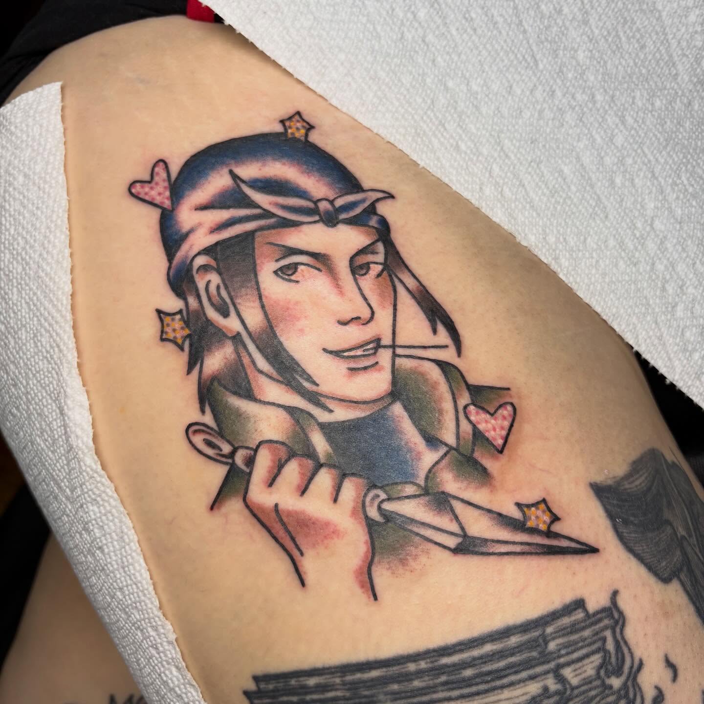 Anime character American traditional tattoo on the thigh by ππππππππ