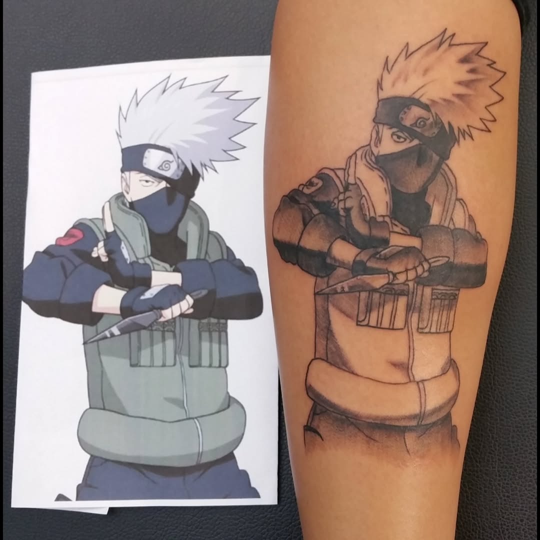 Kakashi Hatake from Naruto anime tattoo on the forearm by Dennis Foust