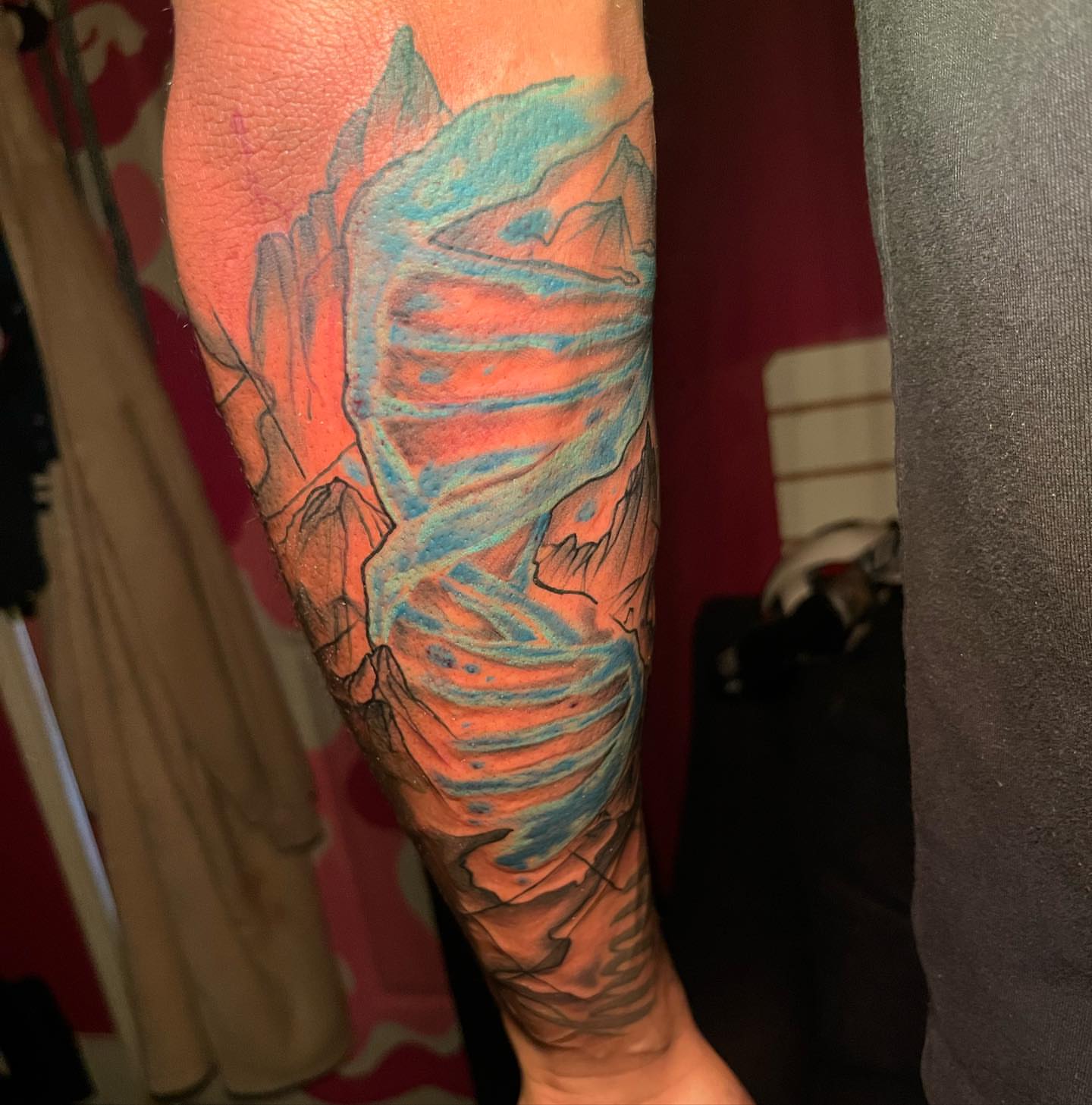 Landscape dotwork tattoo on the forearm by Darius Armour (Tattoo Artist)