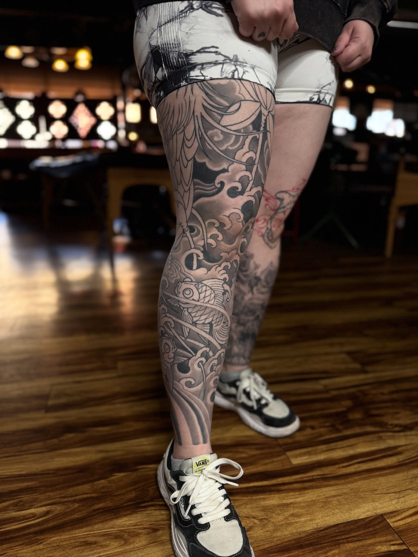 Koi fish and waves japanese irezumi tattoo on the leg by Tattooer by Trade Wannabe Artist at Heart