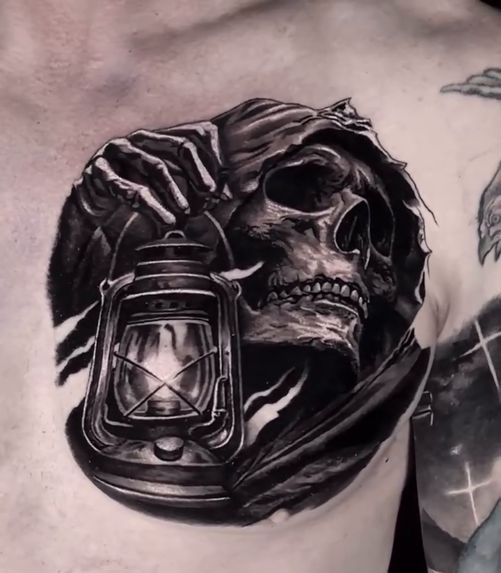 Tattoo by @travischick_art — dark_realism, black_and_grey