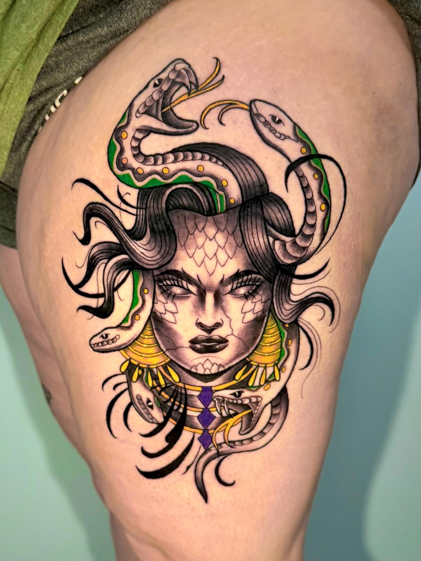 Medusa neo-traditional tattoo on the thigh by Stilow Memphis Tattoo Artist, Memphis, Tennessee