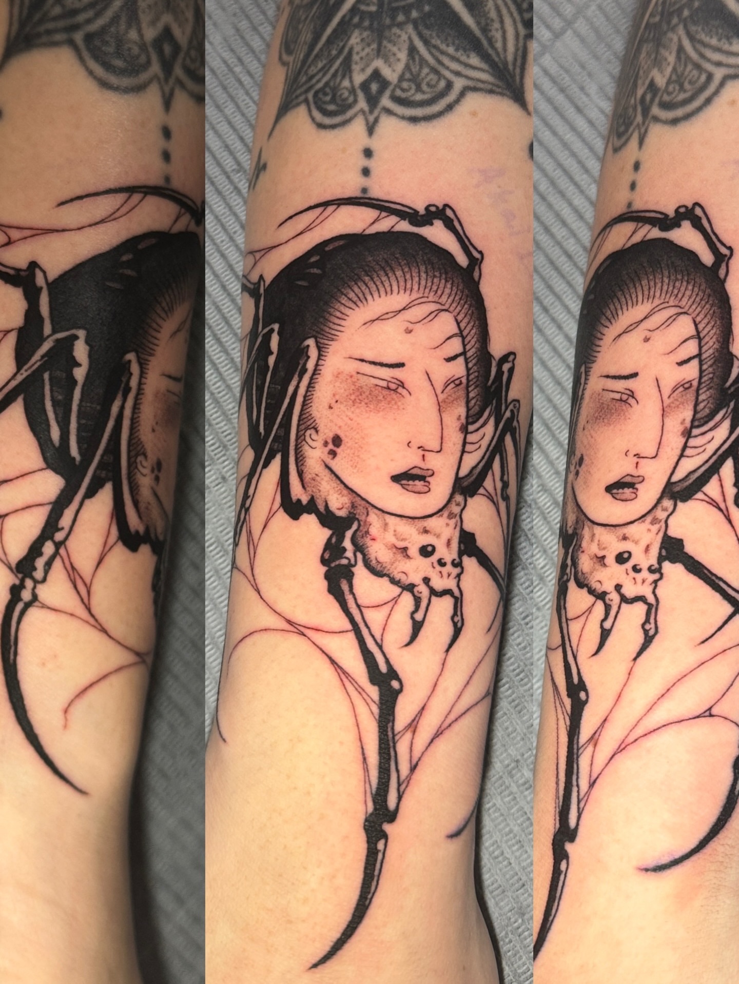 Woman with insect dark realism tattoo on the forearm by Julio Ferrer