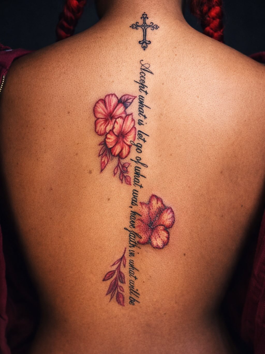 Hibiscus flowers and cross fine line tattoo on the back by dallas tattoo artist, Duncanville, Texas