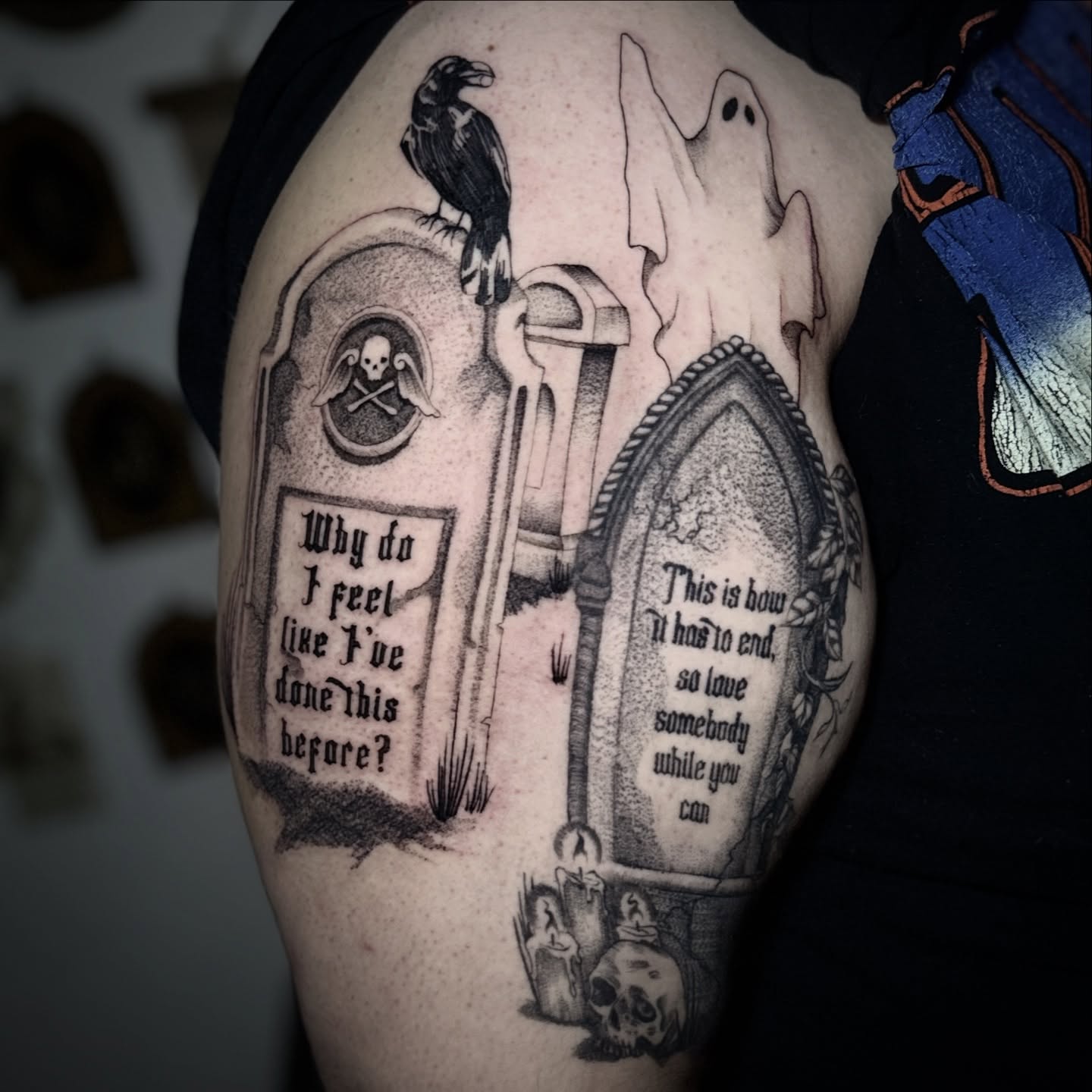 Graveyard scene realism tattoo on the shoulder by † Aileen † Chicago Tattoo Artist