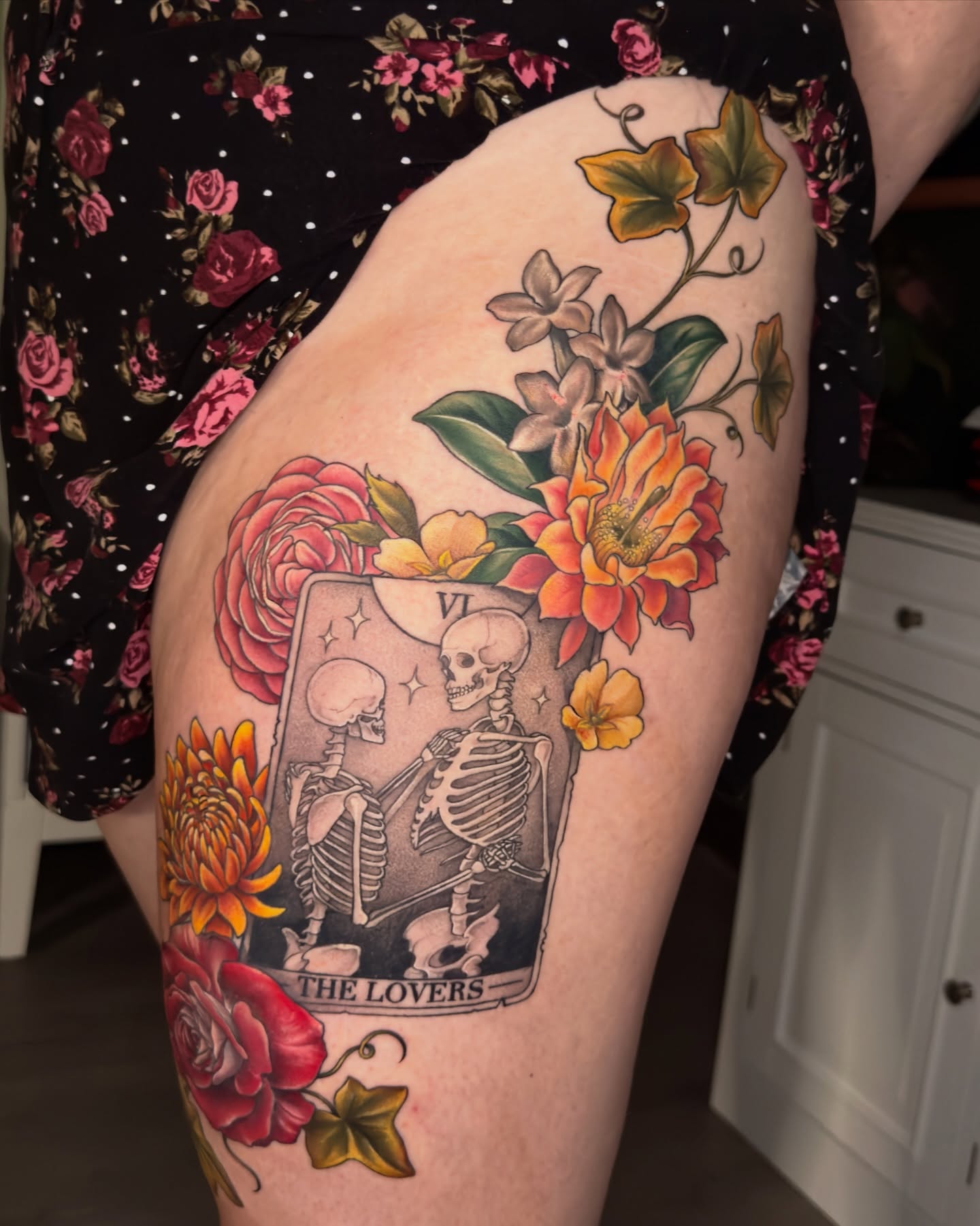 The lovers tarot card American traditional tattoo on the thigh by Nichole Lorence