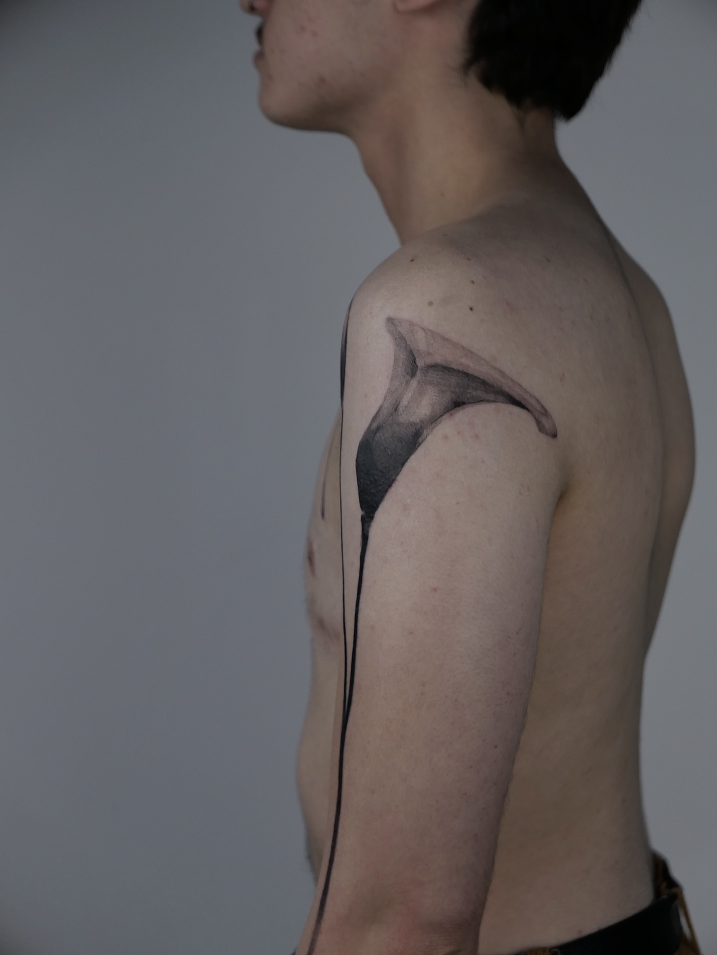 Whale tail black and grey tattoo on the shoulder by Mané, Portland, Oregon