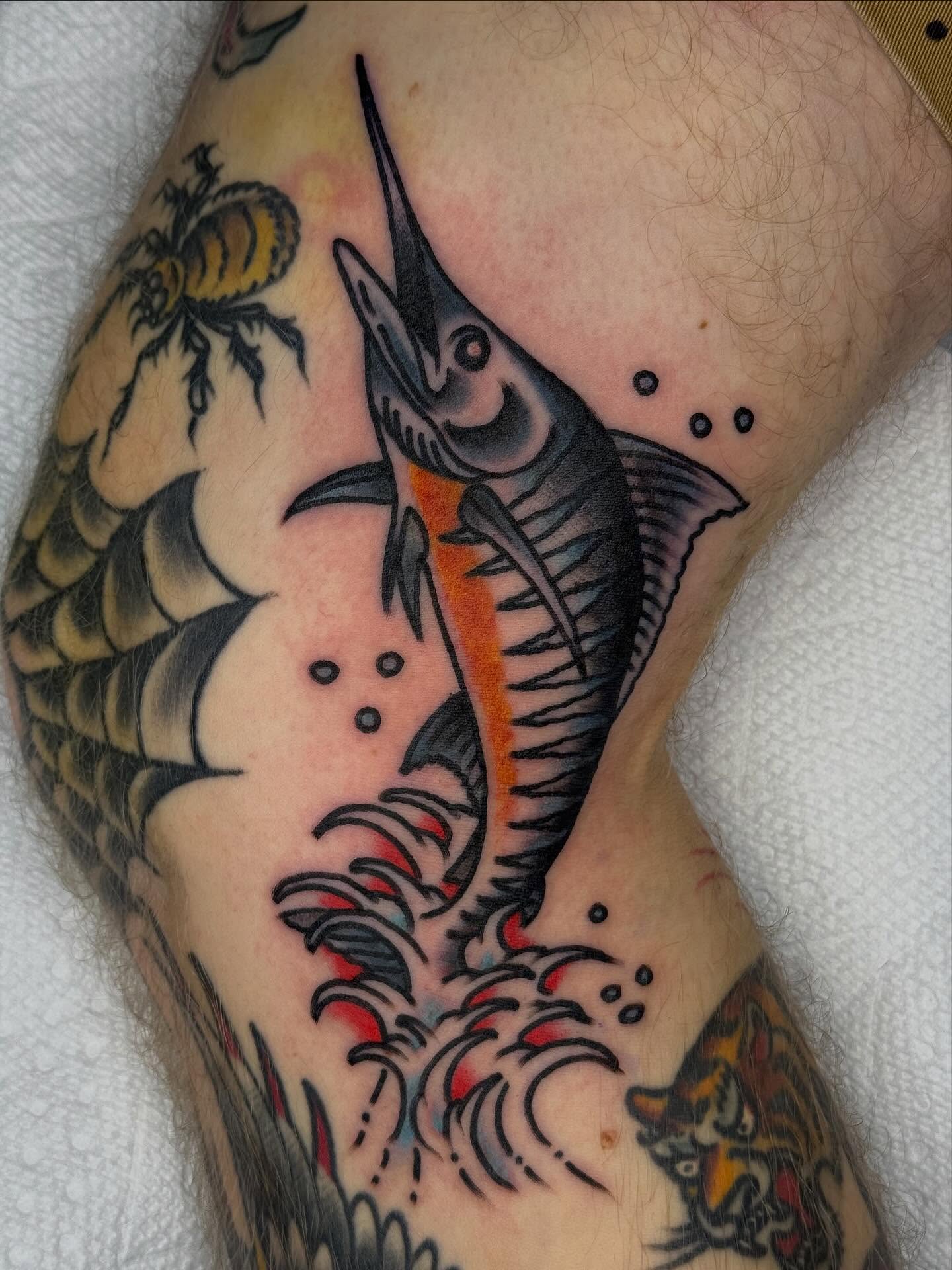 Marlin American traditional tattoo on the forearm by Clayton - TRADITIONAL TATTOOS