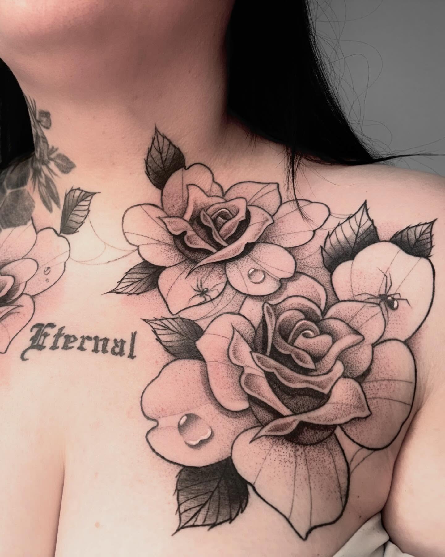 Roses dotwork tattoo on the chest by Avery Mullins
