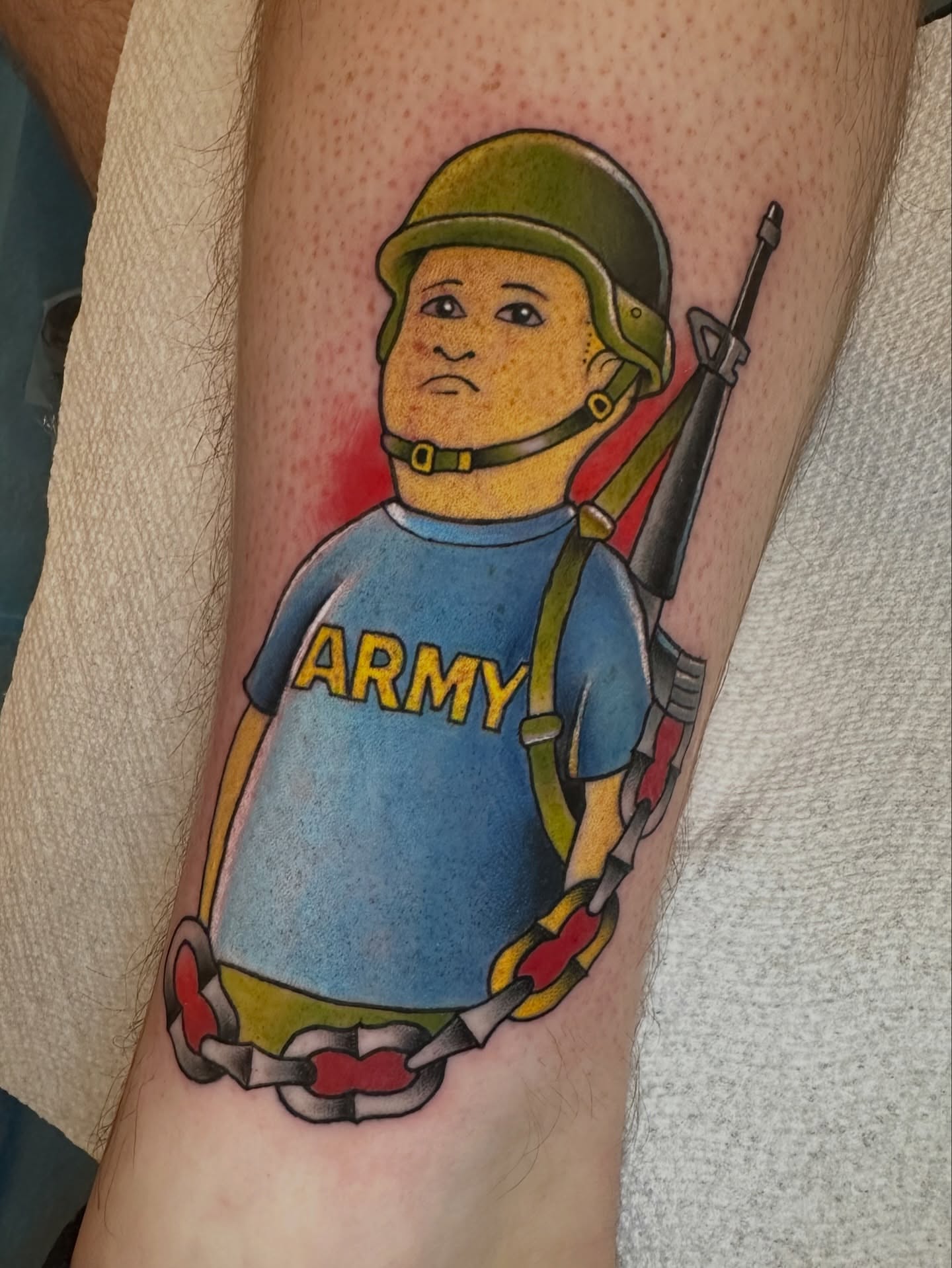 Soldier illustrative tattoo on the forearm by Sam AlpineInk