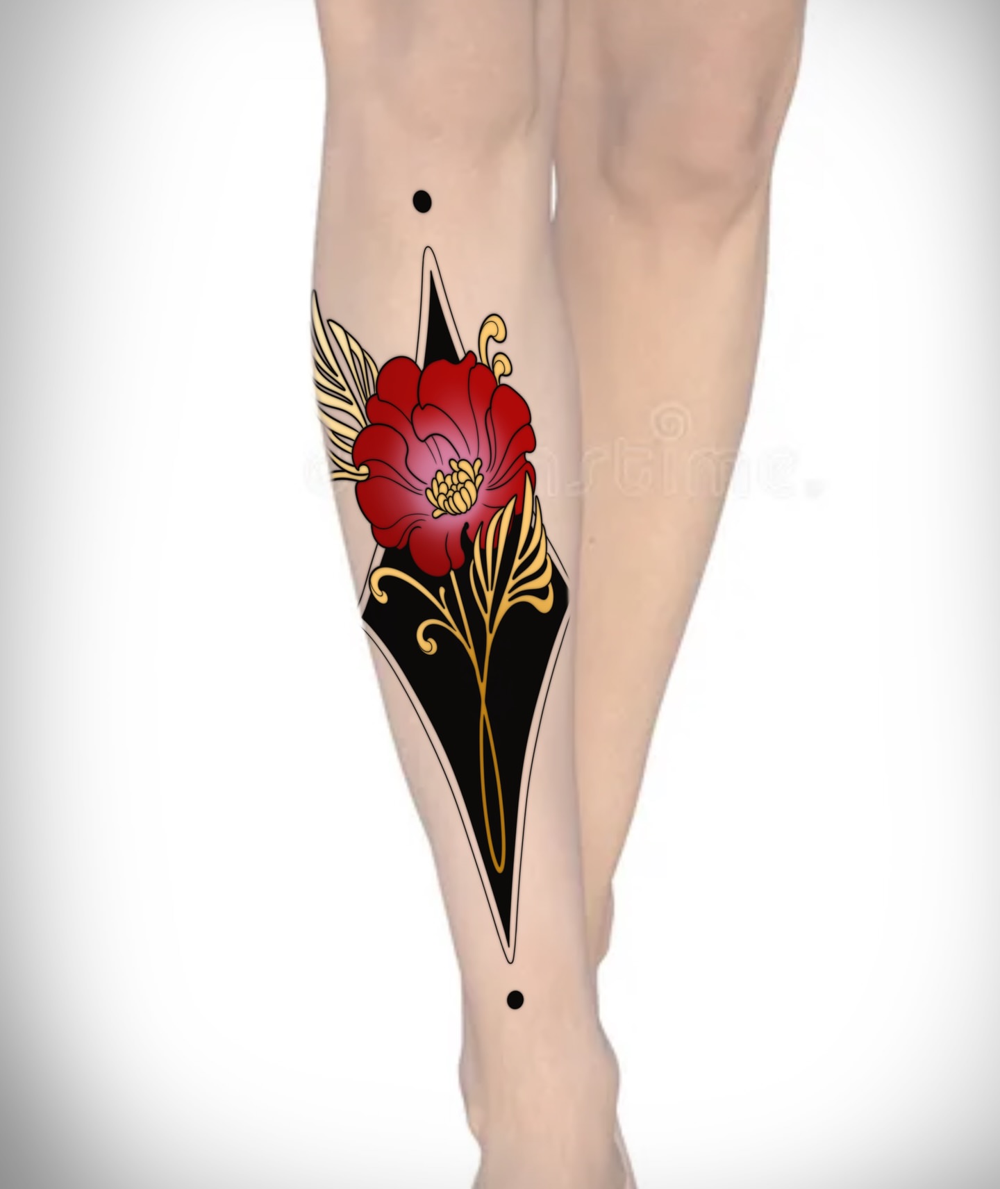 Red flower with geometric shapes geometric tattoo on the calf by Summer Machelle, Orange, California