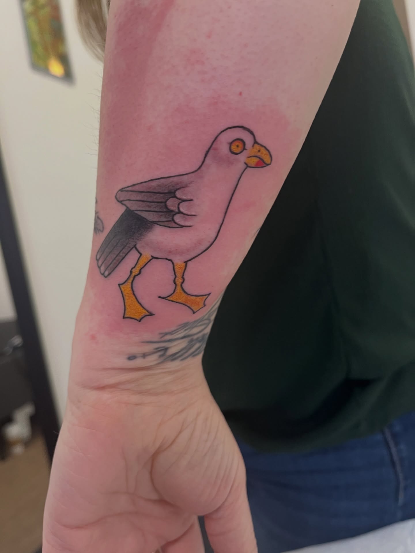 Bird new school tattoo on the forearm by Lacey B, Portland, Oregon