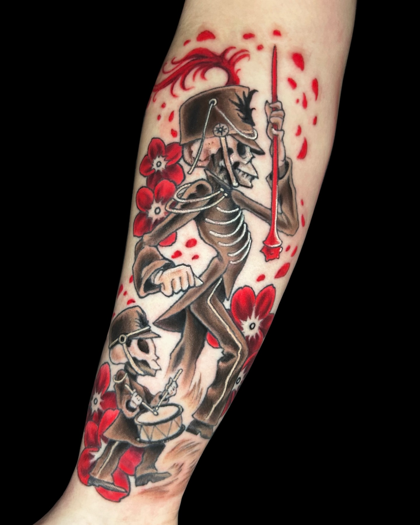 Marching band skeletons American traditional tattoo on the forearm by Zephyr