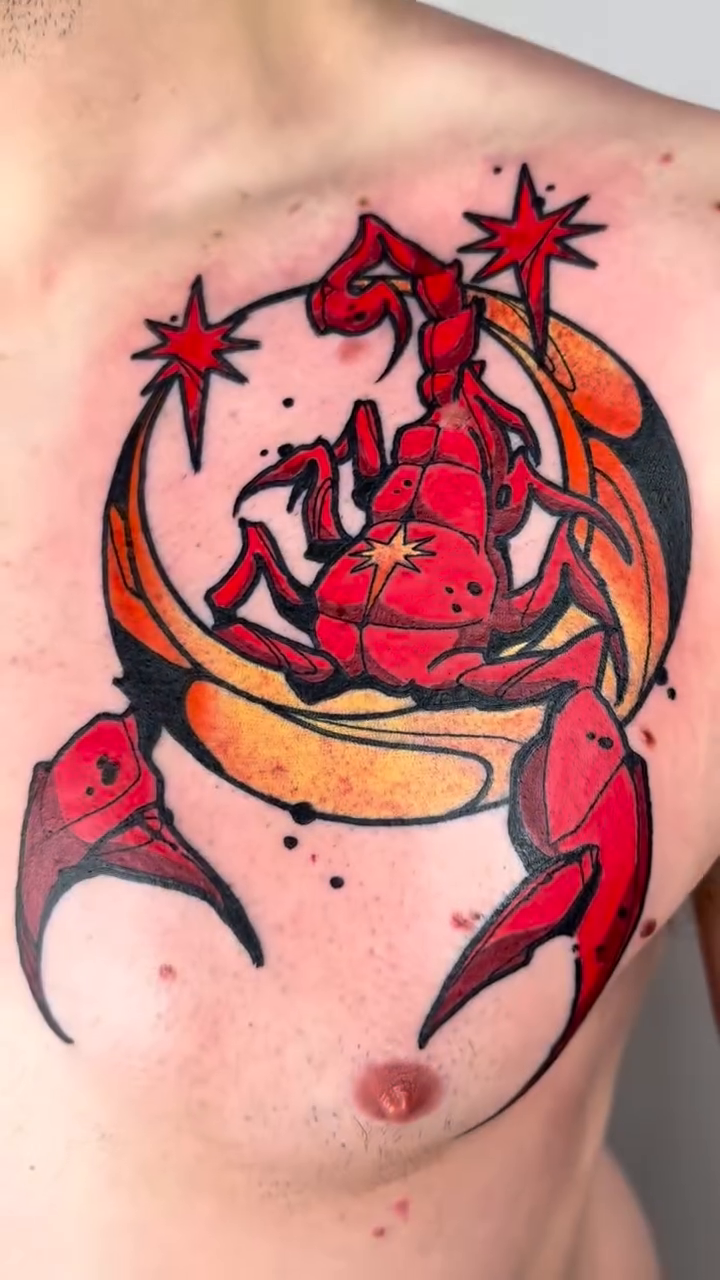 Scorpion on a crescent moon neo-traditional tattoo by Ghost Ham Tattoos