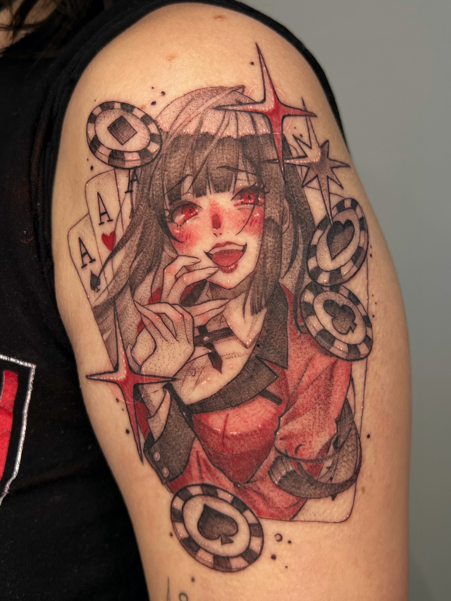 Anime girl with poker chips anime tattoo on the shoulder by ✮shayla ganong✮